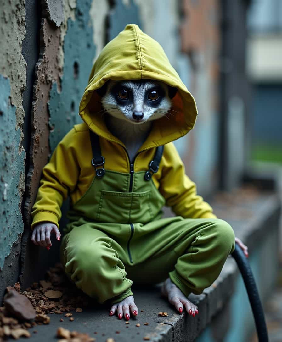 meerkat as Hooded figure with Lime green Overalls Laying on Gilbert ultrahigh building, funny, noir, photography, film still