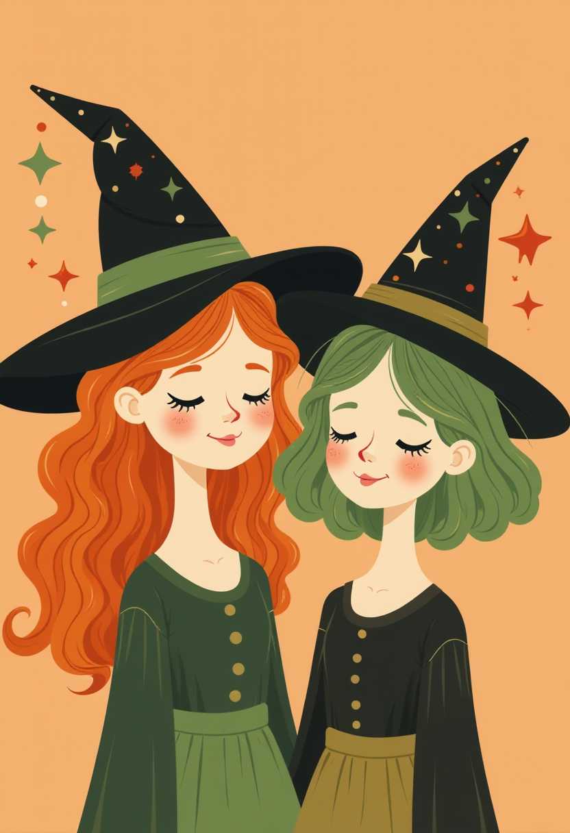 This image is a charming illustration of two witches, each with their own unique hair color and style, set against a warm peach background. The witches are depicted in a stylized, cartoonish manner, with exaggerated features that give them a friendly and approachable appearance.The witch on the left has curly orange hair with green highlights, and her witchs hat is black with a green band. Her hat is adorned with a green sparkle on the left side, and she has a green sparkle on her cheek. Her expression is serene, with closed eyes and a content smile.The witch on the right has short green hair and a matching green witchs hat with a black band. Her hat is embellished with a red sparkle on the right side, and she has a red sparkle on her cheek. Her expression is also peaceful, with closed eyes and a gentle smile.Both witches have a magical aura, emphasized by the twinkling stars around their hats and cheeks. The stars are drawn in a simple, starburst style, with a gradient of colors that give them a sparkling effect.The art style of the image is reminiscent of vintage pinup illustrations, with its bold outlines, flat colors, and playful subject matter. The medium appears to be digital, given the crisp lines and clean edges of the illustration.The color palette of the image is soft and muted, with peach, green, and black being the primary colors. The use of these colors creates a warm, inviting atmosphere, and the contrast between the witches hair colors and their hats adds depth and interest to the illustration.