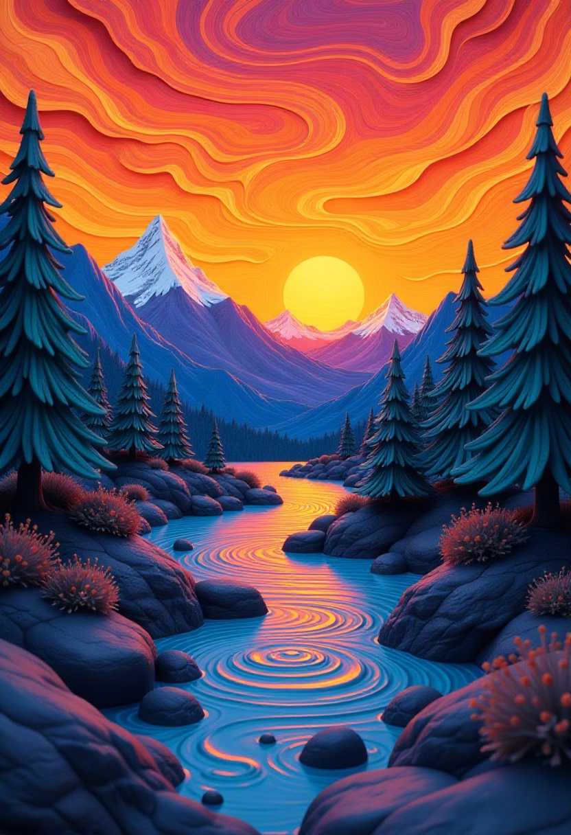 This image features simplified 3d characters and scenery that appears to be painted wooden figures or puppets without strings characterized by bold outlines, flat colors, and exaggerated shapes. The colors are vibrant and dynamic, with a warm palette that suggests a sunset or sunrise. The sky is ablaze with oranges, yellows, and reds, swirling into patterns that evoke the feeling of wind or the movement of water. These colors transition into purples and blues as they reach the horizon, where the sun is setting or rising.The objects in the image are as follows1. The sky Swirling clouds in warm colors, with a gradient of purples and blues at the horizon where the sun is.2. The sun A large, round orb in the center of the sky, casting a warm glow over the scene.3. Mountains Snowcapped peaks in the distance, creating a majestic backdrop to the scene.4. Trees Dark silhouettes of coniferous trees on either side of the frame, framing the view.5. River A winding stream with swirling patterns, reflecting the colors of the sky and the sun.6. Foreground Dark, rugged terrain with rocks and shrubs, leading the viewers eye towards the river and the mountains.