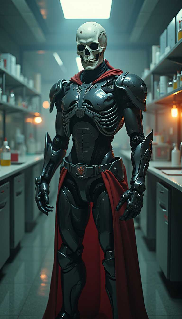 Full body view, Cyberpunk, sci-fi, dark-fantasy, kodak portrait 400, 8k, soft light, volumetric lighting, highly detailed, britt marling style 3/4, portrait photo of a war man cyborg robot in a chemical laboratory + face, face is skull bone with scares, intricate, elegant, highly detailed, devil-armor, 2D motifs detailed dark fantasy digital painting, artstation, concept art, smooth, sharp focus, illustration, facing camera, looking at viewer Cosmic light in back front