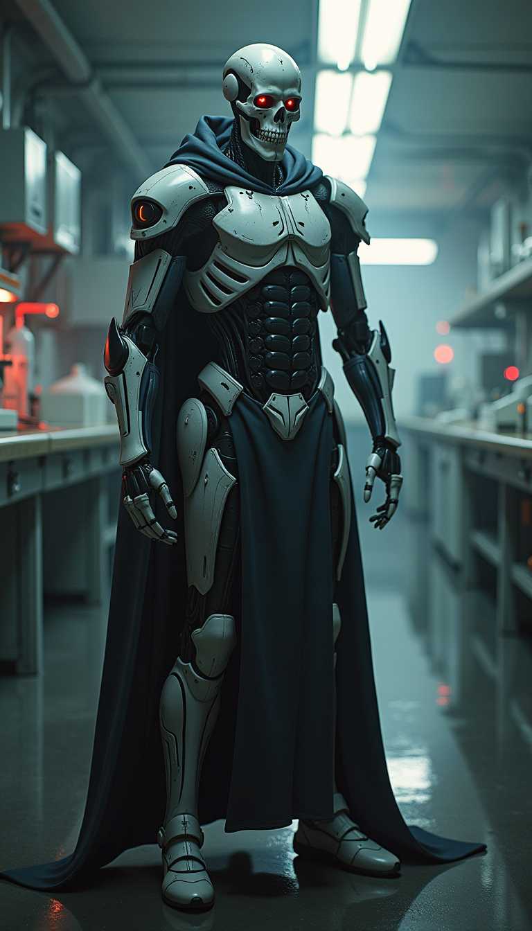 Full body view, Cyberpunk, sci-fi, dark-fantasy, kodak portrait 400, 8k, soft light, volumetric lighting, highly detailed, britt marling style 3/4, portrait photo of a war man cyborg robot in a chemical laboratory + face, face is skull bone with scares, intricate, elegant, highly detailed, devil-armor, 2D motifs detailed dark fantasy digital painting, artstation, concept art, smooth, sharp focus, illustration, facing camera, looking at viewer Cosmic light in back front