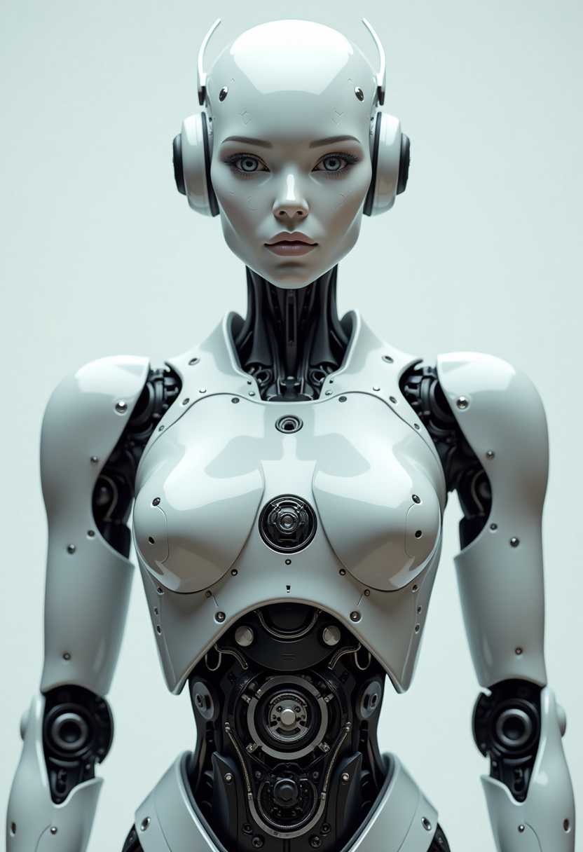 A hyper-realistic robot, facing camera, looking at viewer,  with a sleek, polished metallic exterior, featuring intricate gears and circuits beneath transparent panels. The robot’s limbs and torso exhibit a high level of detail, conveying a sense of advanced technology and precision engineering."