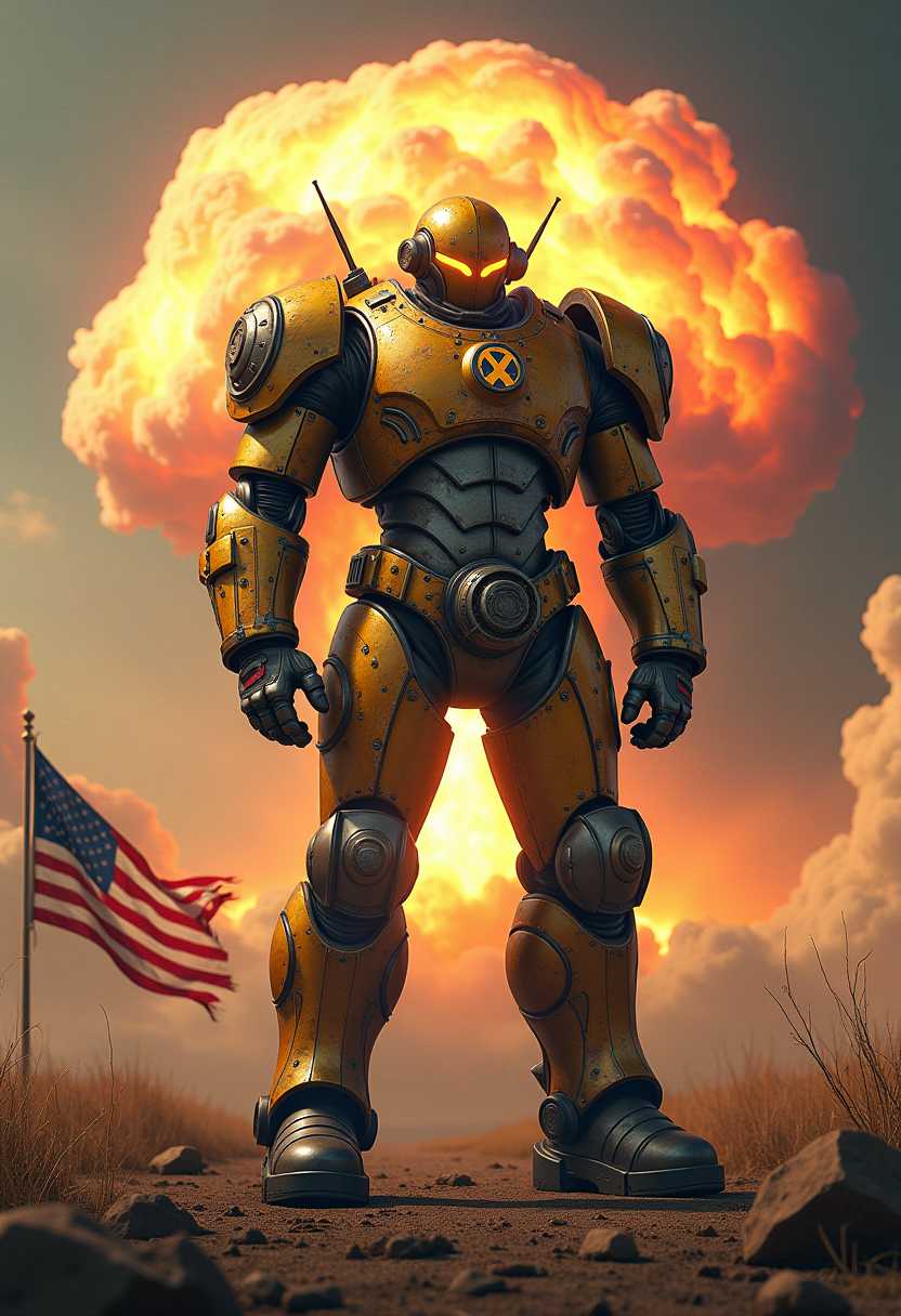 A striking atompunk power armor suit from Fallout stands proudly in the foreground, featuring retro-futuristic bulky and metallic, often featuring a rugged, industrial design, vibrant rusted accents, and intricate mechanical details. The armor is adorned with symbols reminiscent of 1950s science fiction, incorporating contrasting colors of chrome and deep, saturated tones. In the background, a massive, swirling fiery atomic bomb cloud billows ominously, its mushroom shape dramatically dominating the sky, tinged with shades of orange, red, and dark gray, casting a haunting glow over the scene. Below, a tattered, ripped United States flag lies on the ground, its frayed edges fluttering in the breeze, symbolizing a sense of loss and resilience. The overall composition conveys a powerful fusion of futuristic optimism and dystopian consequences, evoking a thought-provoking mood that teeters between hope and despair. The lighting is dynamic, highlighting the armor’s surface while creating stark shadows from the bomb cloud, enhancing the dramatic tension of the scene.