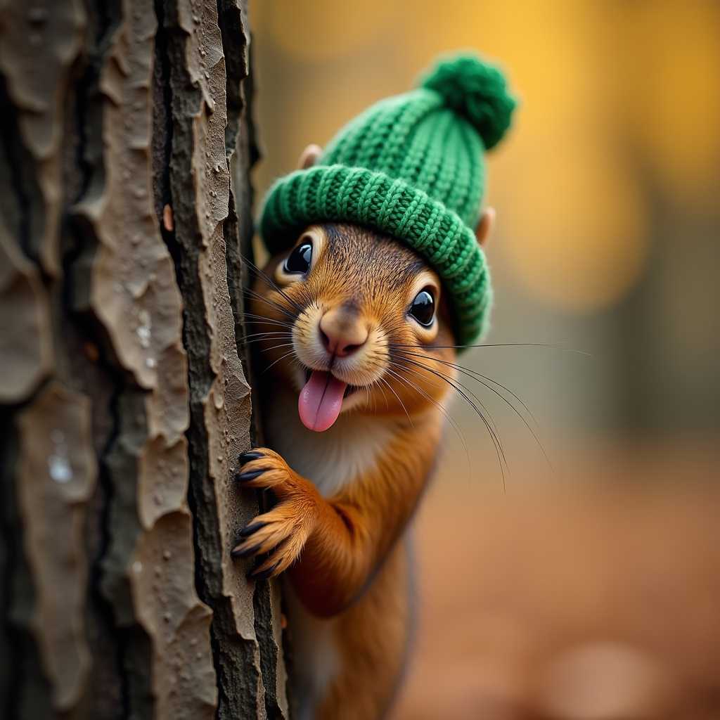A delightful, close-up photograph of a cute fluffy squirrel peeking mischievously from behind a tree, wearing a funny green knitted hat. Its tiny pink tongue sticks out in a gesture of pure joy. The squirrel's soft, fluffy brown fur contrasts beautifully with the tree, creating a visually appealing scene. The background is a cozy autumn forest scene. This wide long shot masterpiece is a perfect blend of whimsy and charm.