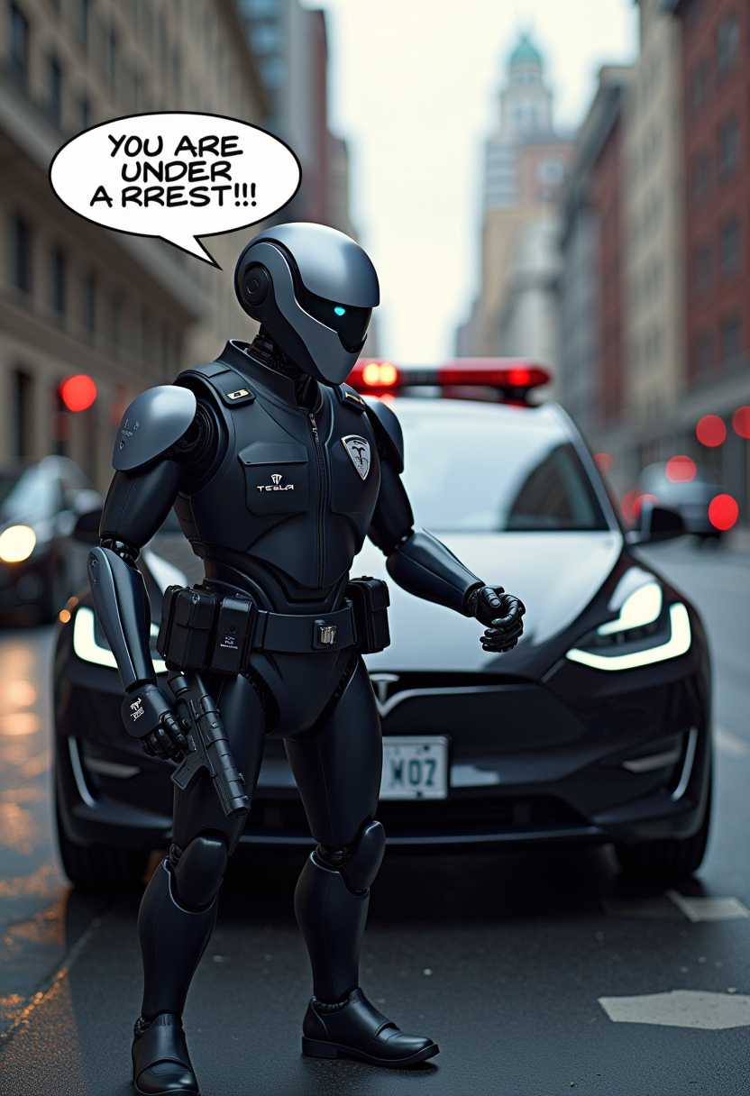 "YOU ARE UNDER ARREST!!" Tesla Optimus working as a Police Officer, Tesla PD, arresting a bad guy. Optimus is holding a firearm speech bubble "YOU ARE UNDER ARREST!!". Tesla logo on robot. Background a Tesla black and white police car on city street. Fujifilm, DSLR, 70mm
