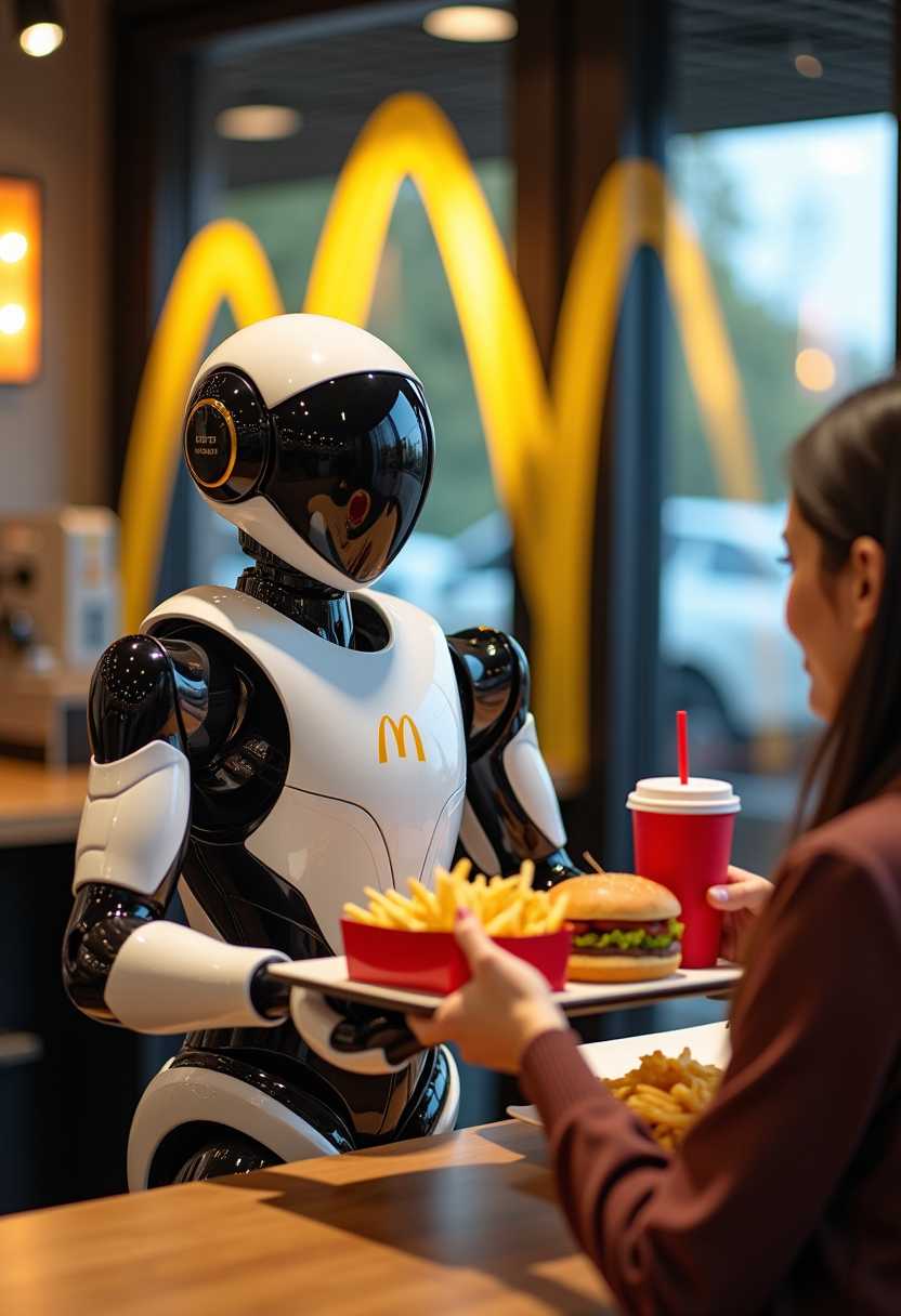 Tesla bot Optimus, working behind a counter serving customer, handinga tray with food,  at McDee's show golden arches. back of customer getting order, french fries, burger, drink. McDonalds logo on robot chest, Fujifilm, DSLR, 70mm