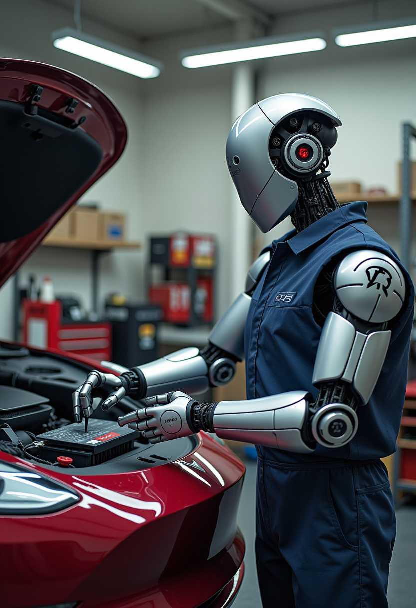 Tesla Optimus, working as a Mechanic, on a Tesla car S class. Optimus is holding tools, checking out batteries. Tesla logo on robot. Background a mechanics garage. Fujifilm, DSLR, 70mm