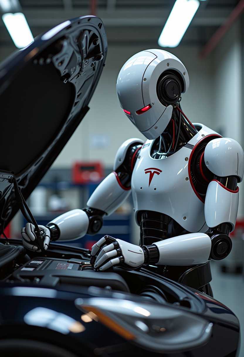 Tesla Optimus, working as a Mechanic, on a Tesla car S class. Optimus is holding tools, checking out batteries. Tesla logo on robot. Background a mechanics garage. Fujifilm, DSLR, 70mm