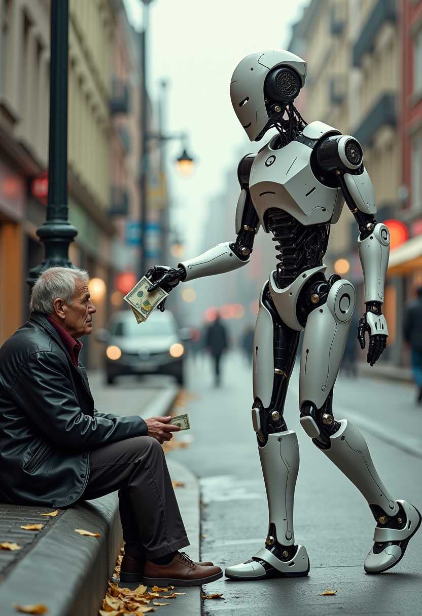Robotic Interaction A humanoid robot extends a hand to a seated individual on a city sidewalk