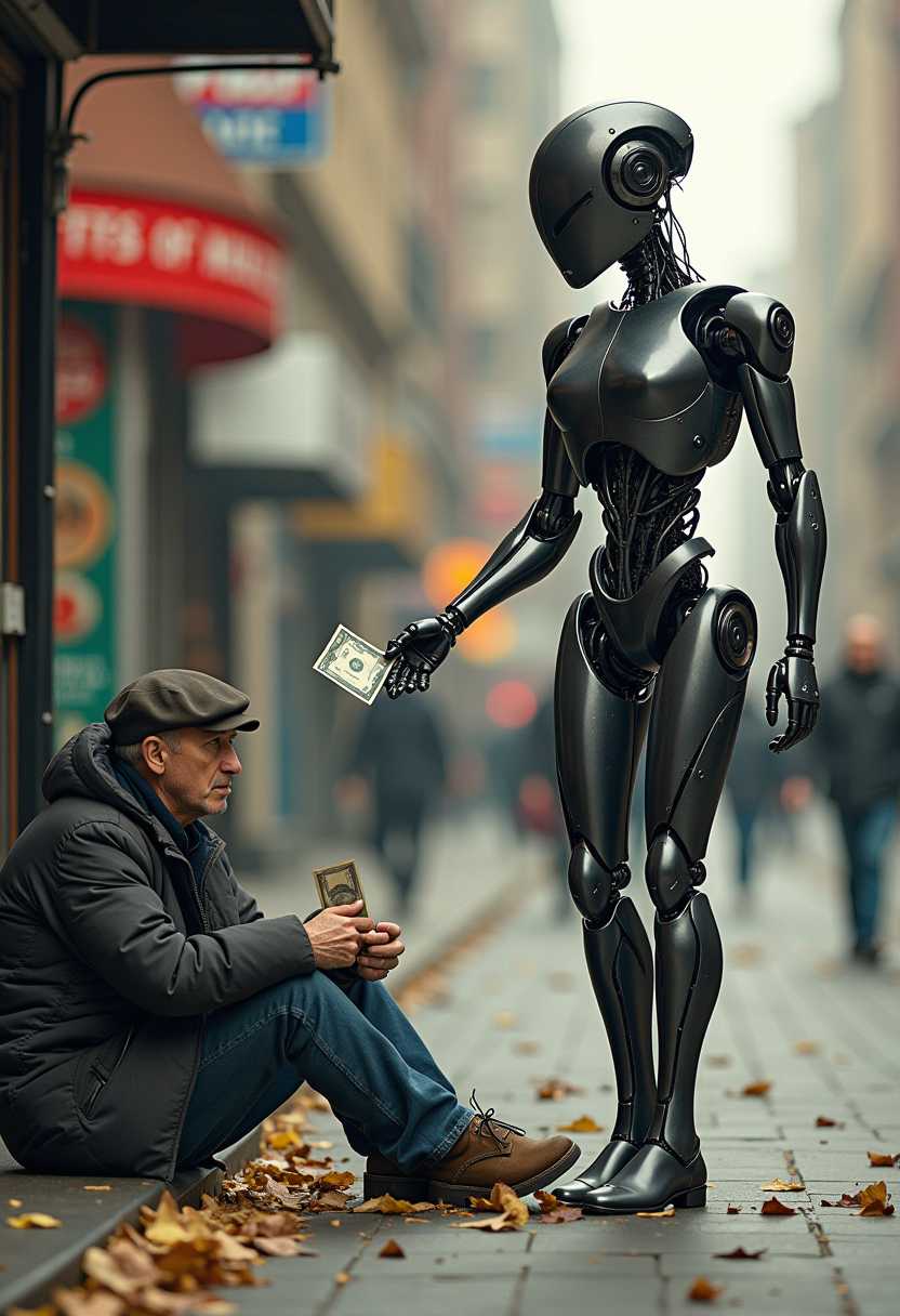 a photo of a sleek humanoid robot walking past a homeless man sitting on the ground, extending arm and tossing money change to the homeless, giving money to the homeless man.. Android Jones, dystopian art, cyberpunk art, neoism
