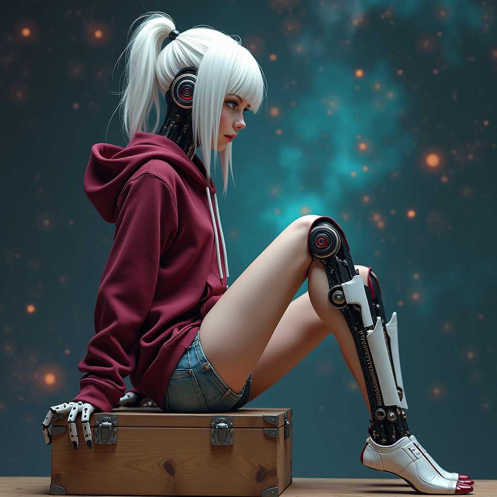 A complex side profile full body view of a robot girl with mechanical toes, sporting white hair and a too-tight burgundy hoodie worn torn short, sits on a wooden box in a beautiful full body view against a cosmic backdrop, cyberpunk