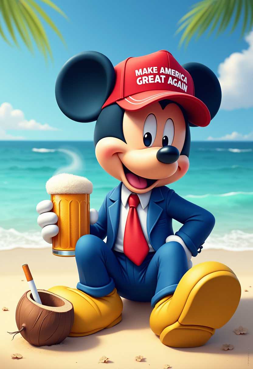 This photo features a stylized depiction of Mickey Mouse, a popular Disney character, set against a beach backdrop. The character is wearing a blue suit with a red tie and a red baseball cap with the slogan "MAKE AMERICA GREAT AGAIN" emblazoned across the front. Mickey is seated on the sand with his legs crossed, and his right hand is holding a frothy beer mug, while his left hand casually rests on his knee. His feet are adorned with yellow shoes. The beach setting is serene, with a clear blue sky and gentle waves in the background. The sand is a light tan color, and the ocean is a shade of turquoise. There's a coconut shell placed on the sand in front of Mickey, and a cigarette is visible by the beer mug, held by his fingers, adding a touch of realism to the whimsical character.The overall art style of the image is digital, as indicated by the AIGENERATED IMAGE text in the top left corner. The colors are bright and vivid, with a high contrast between the deep blues of the sky and the ocean, the warm tones of the sand, and the bright reds and yellows of Mickeys attire and accessories. The lighting in the image is natural, with the sun casting a soft shadow behind Mickey, enhancing the three-dimensional quality of the scene.