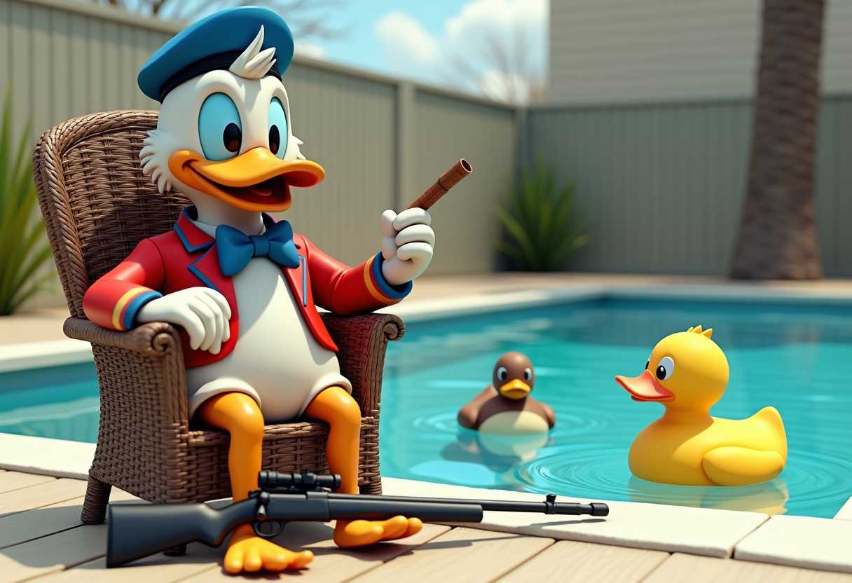 This image is a digitally created artwork that depicts a whimsical and surreal hot summer scene. The art style is reminiscent of a high-quality, realistic 3D rendering with a touch of cartoonish exaggeration, particularly in the characters proportions and expressions. The medium appears to be a digital painting or 3D modeling software, given the smooth texture and lighting of the scene. The colors are rich and vibrant, with a palette that includes deep blues of the swimming pool, the bright yellows of the ducks, the reds and blues of the characters outfit, and the contrasting whites and grays environment. The objects in the image are as follows 1. Character The central figure is a stylized duck, resembling Donald Duck, dressed in a red jacket with blue and gold trim, a blue bow tie, and a blue sailor hat. The duck is seated comfortably in a brown wicker chair, one arm resting on the backrest, the other holding a cigar, and the legs crossed. The characters expression is jovial and self-assured. 2. Ducks in the Pool There are two ducks in the swimming pool. The one closest to the character is a rubber duck, appearing to be in mid swim, with a friendly and curious expression. The other duck is a realistic looking duck, with a brown and white plumage, floating calmly in the water. 3. Pool The swimming pool is a large, rectangular shape with clear blue water, and its situated outdoors, as indicated by the bare trees in the background. 4. Gun On the ground, in front of the characters chair, lies a black rifle with a scope, which is an unexpected and humorous addition to the otherwise peaceful scene. 5. Chair The chair is a brown wicker model with a classic design, providing a comfortable spot for the duck to relax. The overall composition of the image is playful and thought-provoking, combining elements of leisure and unexpectedness to create a charming and imaginative scene.
