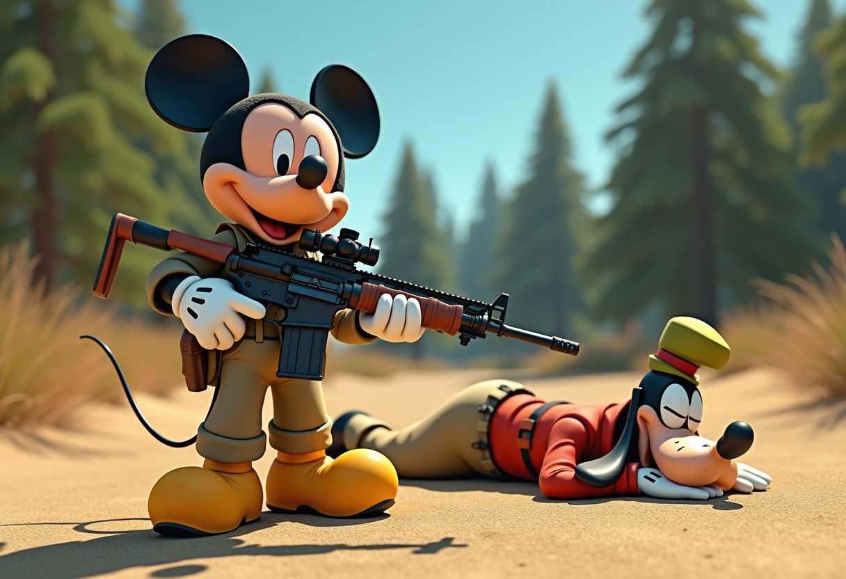 This 3d photo features a stylized depiction of Mickey Mouse, a popular Disney character, set against a forest/park backdrop. The character is wearing a military khakis. Mickey is holding a ar 15 rifle. His feet are adorned with yellow army boots. The hunting setting is serene, with a clear blue sky. Goofy a popular Disney character is laying down, dead, sleeping, eyes closed, shot full of holes. The colors are bright and vivid, with a high contrast between the deep blues of the sky , the warm tones of the sand, and the bright reds and yellows of Mickey's attire and accessories. The lighting in the image is natural, with the sun casting a soft shadow behind Mickey, enhancing the three-dimensional quality of the scene.