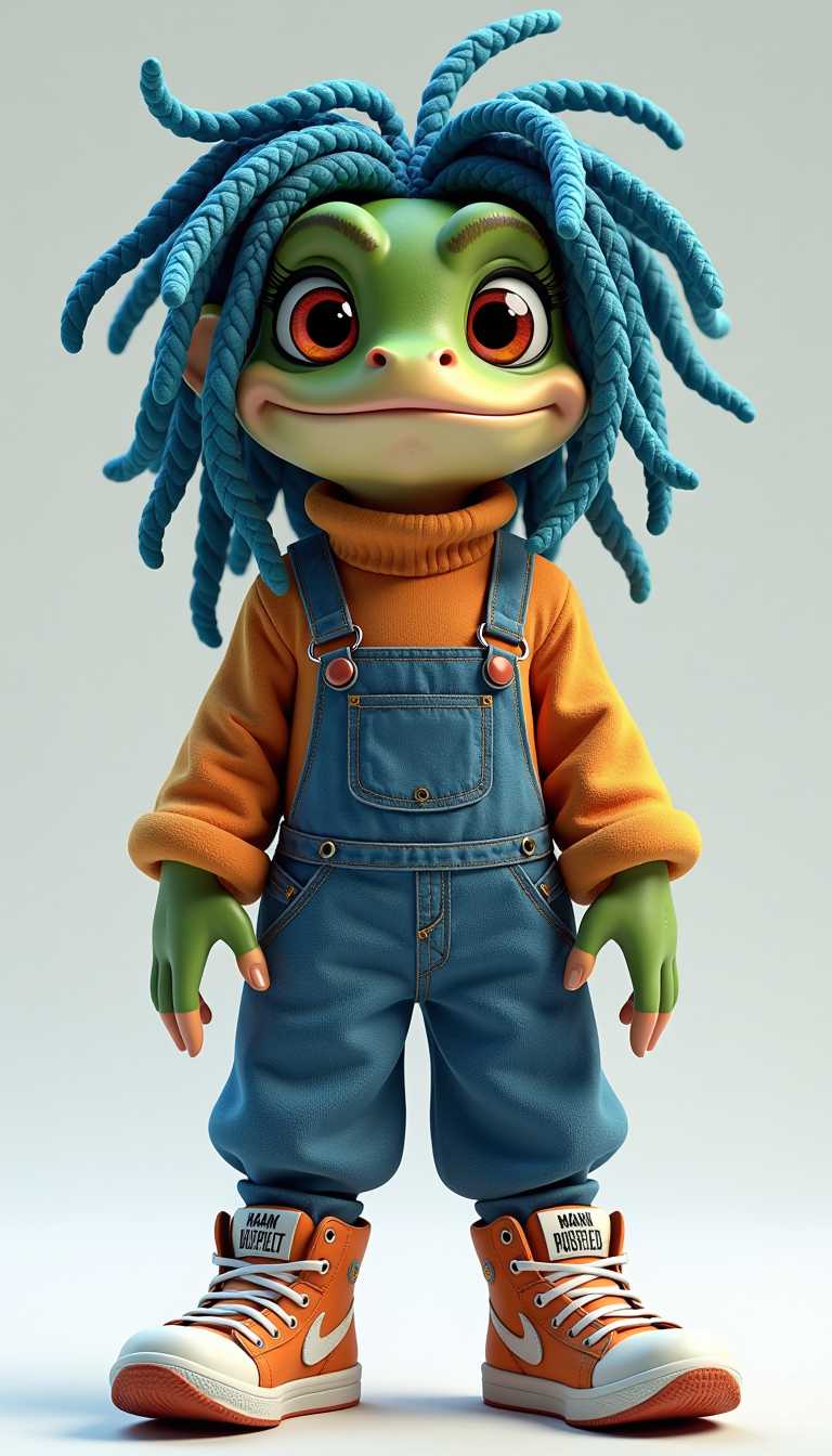 African American toad amphibian with blue dreadlocks  dressed in a crop top, turtleneck, overalls and high sneakers. She poses and makes a funny face for the camera. 3D HD realistic