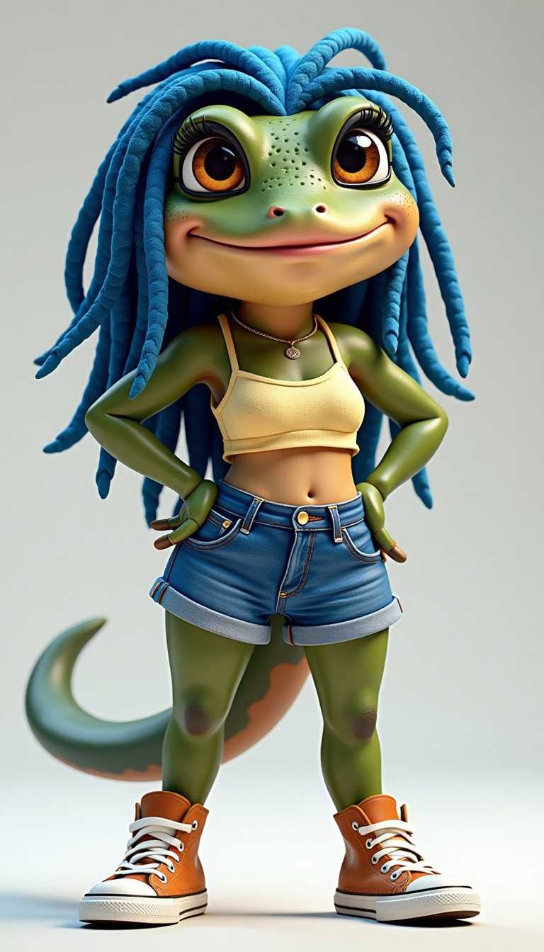 Joyful CGI effect. Female anthropomorphic African American toad:2.3 amphibian toad with blue dreadlocks & some eyeliner, dressed in a crop top, blue demin shorts and Converse. She poses and makes a funny albeit confident face for the camera. 3D