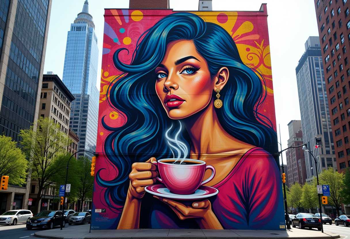 Vibrant Street Art A Portrait of a Lady with a Cup of Coffee