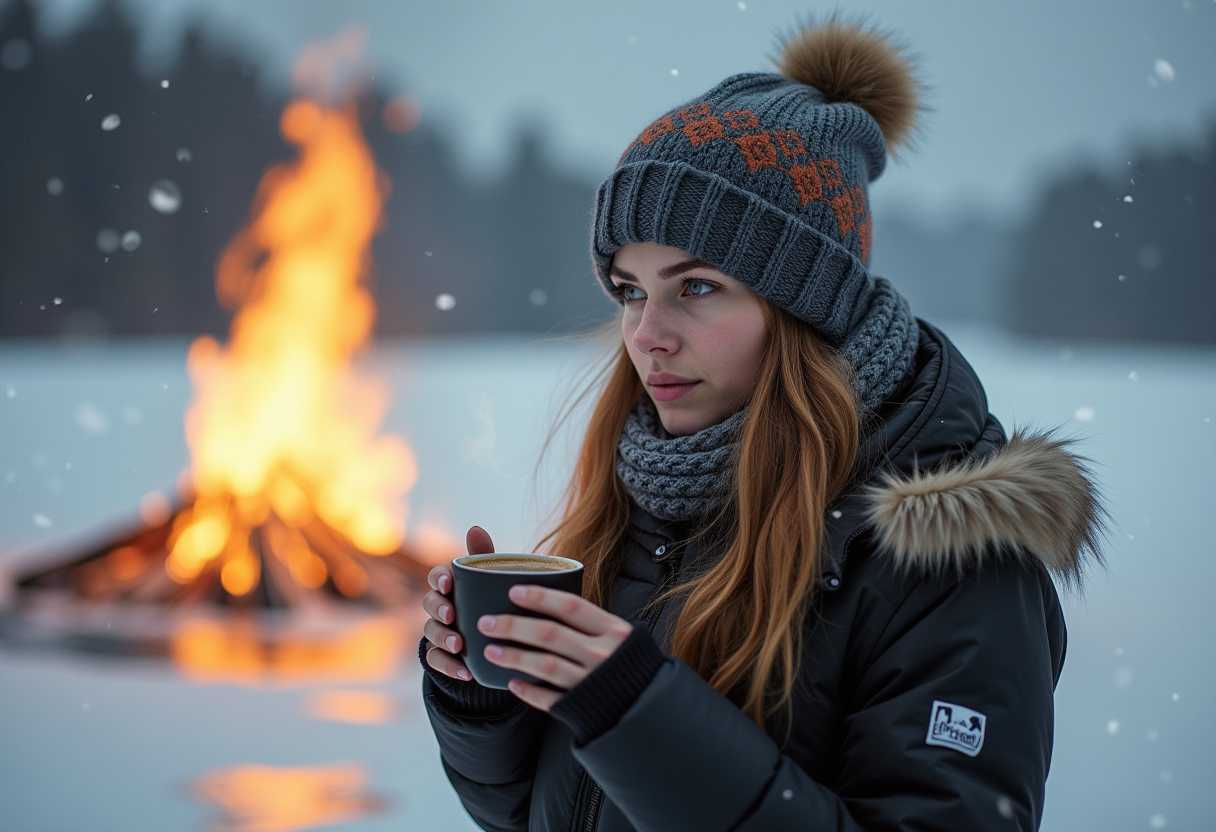 determined woman, frozen lake, steaming cup of coffee, warming hands, large bonfire on ice, flames reflecting on frozen surface, surreal glow, soft snowfall, calm demeanor, stark contrast of fire and ice, hyperrealistic, intricate details in ice, fire, and steam, ultra-detailed