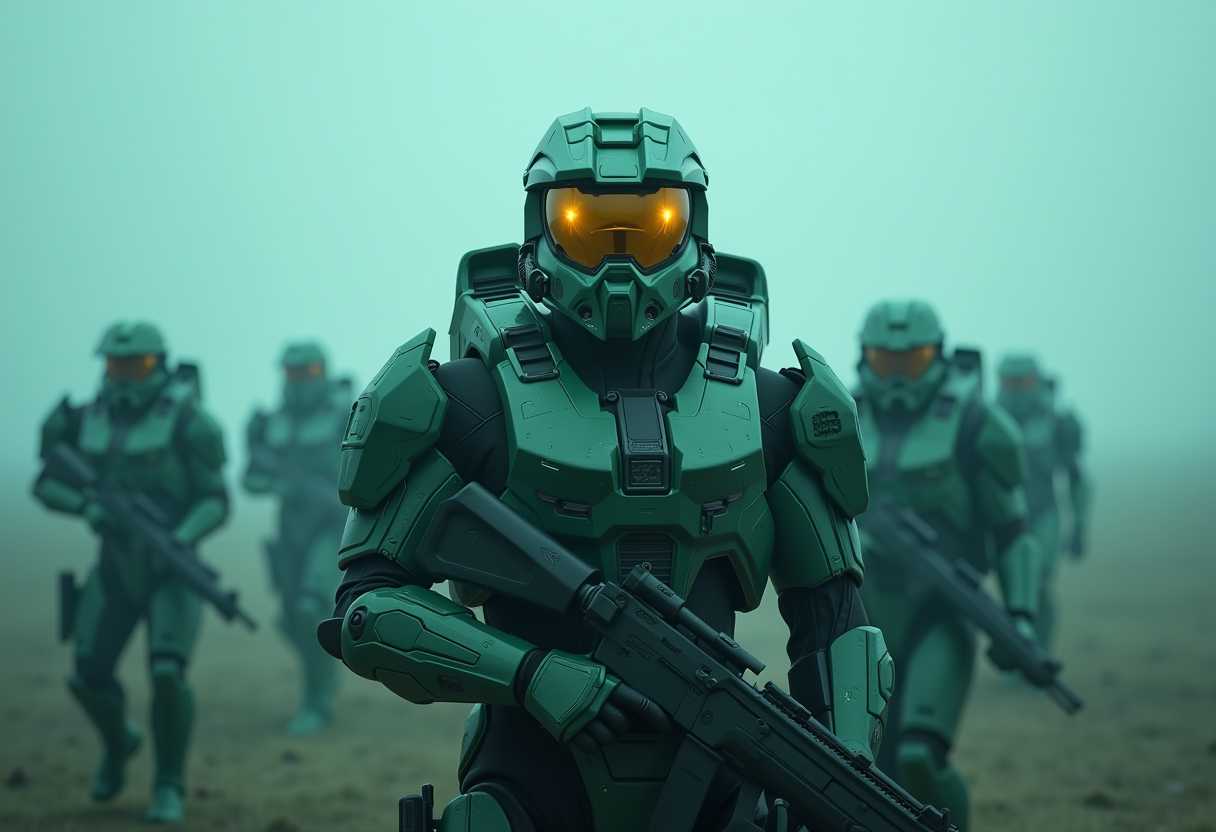 A futuristic soldier with a glowing neon green visor on a high-tech helmet, standing at the forefront of a group of armored soldiers in a foggy, dystopian battlefield | cyberpunk military aesthetic | soft teal color palette, atmospheric lighting