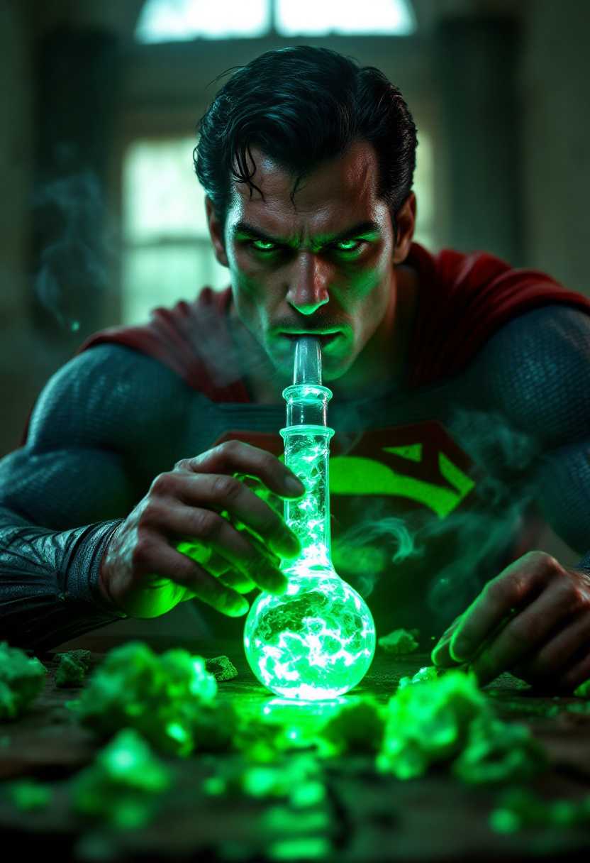3d Superman, his veins on his face and hands are turning black, serious look, he is smoking a transparent/glass pipe with green neon kryptonite in it, and jagged chunks of green neon kryptonite on the table in front of him, hyper-realistic, photography, background inside abandoned broken house