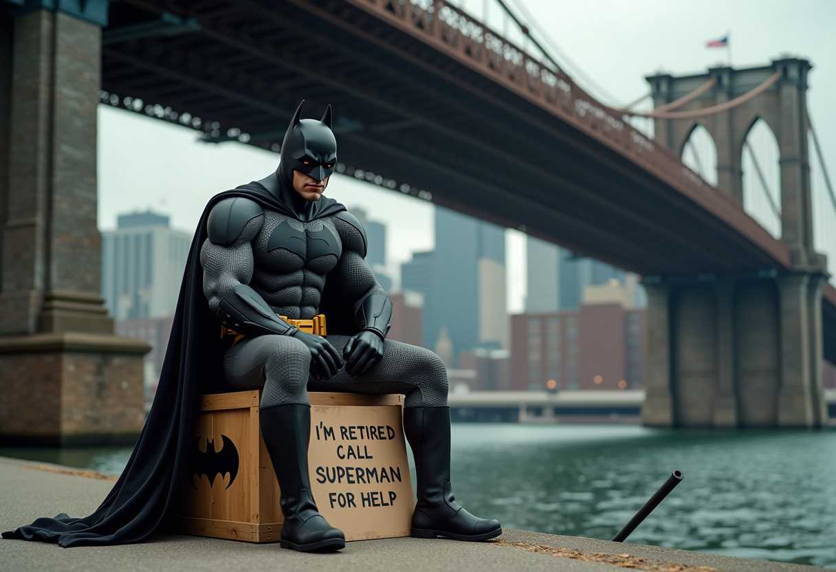 create a realistic image of Batman sitting on a crate with a sign on carboard that's says"I'm retired call superman for help " background under a chicago style bridge