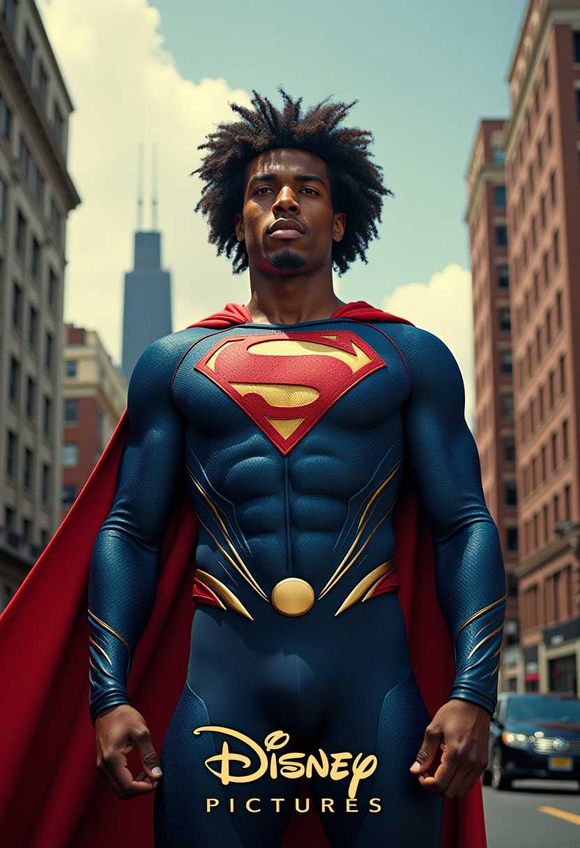 Title reads "Disney Pictures" movie poster, realistic photograph of an full body african american superman, curly Locs, background a Chicago hood dystopia and Willis Tower. Printed on the bottom the words "Disney Pictures" in the style of Disney font. Fujifilm dslr 70mm