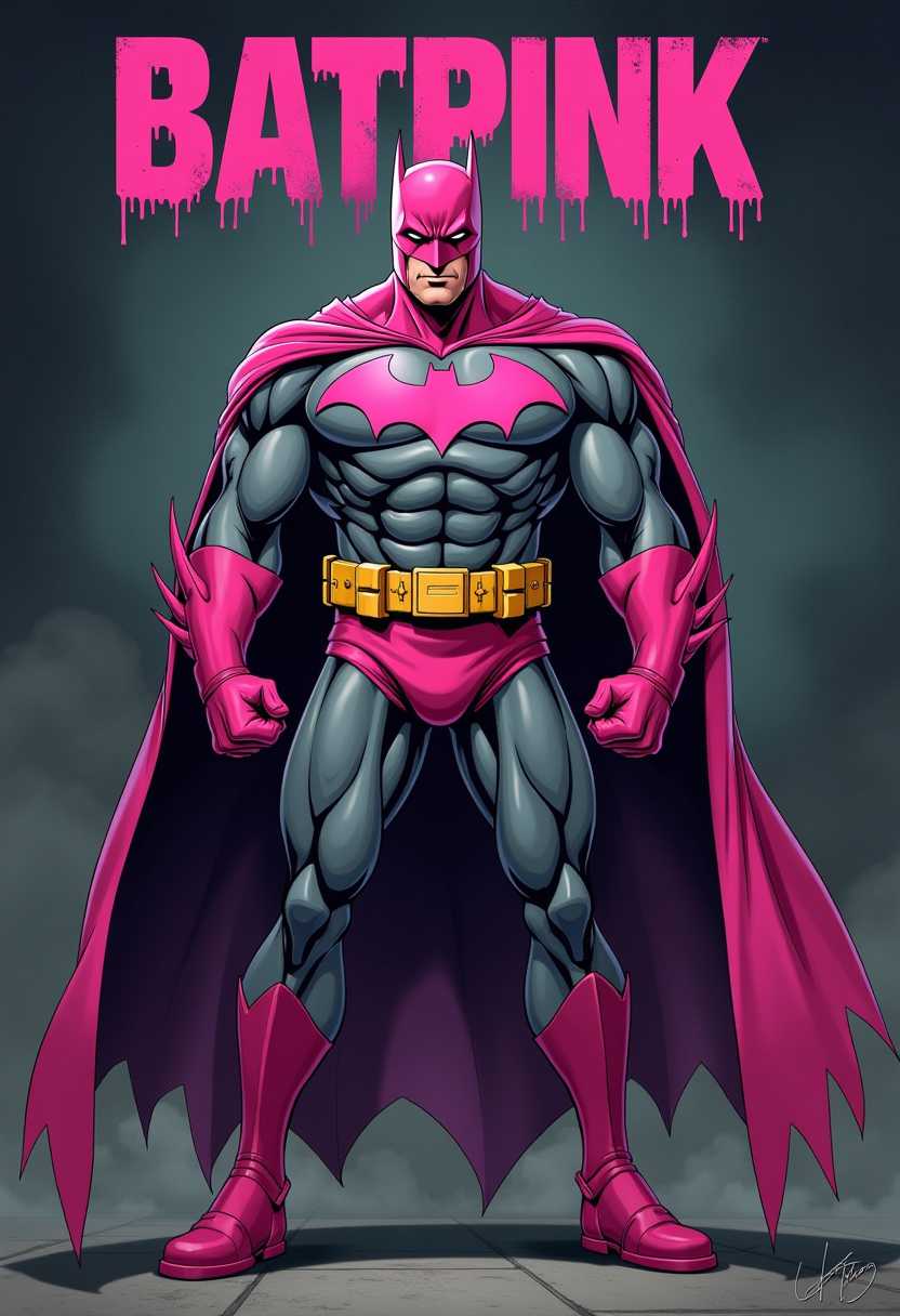This image features a character dressed in a striking pink Batman costume, with the iconic bat emblem in the same shade prominently displayed on the chest. The character is standing with fists clenched, exuding a powerful and determined stance. The background is dark and moody, with a smoky, almost smudged effect that gives the image a gritty, urban feel.The art style is reminiscent of comic book art, with a high level of detail and shading that gives the character and costume a threedimensional appearance. The medium appears to be digital, given the clean lines and the way the colors blend together.The colors in the image are quite bold and vibrant, with the pink of the costume standing out against the darker background. The bat emblem is also pink, matching the costume, which is a departure from the traditional black and gray Batman color scheme. The belt and utility belt are a bright yellow, providing a pop of color and a contrast to the pink of the costume. The gloves and boots are also pink, matching the costume, and the cape is a deep purple, adding depth to the overall color scheme.There are no other objects in the image aside from the character and the text BATPINK at the top, which is styled in a bold, dripping font that matches the gritty feel of the background. The text is also pink, matching the costume, and it serves as a title or identifier for the character depicted.