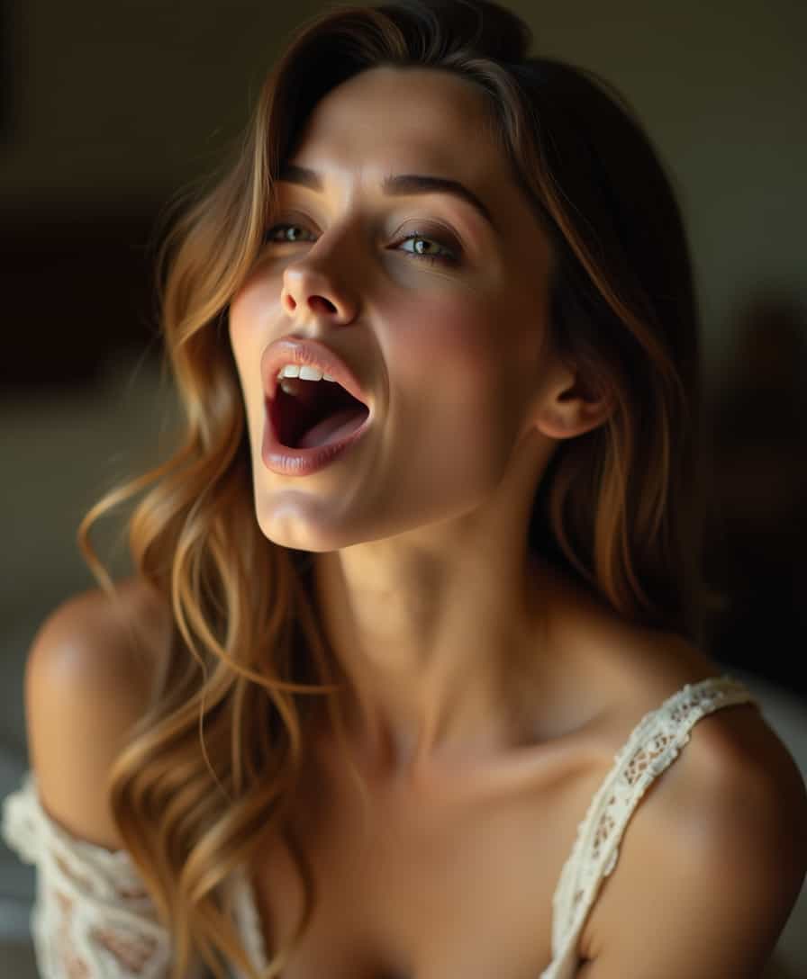 amazingly detailed 8k photograph of a beautiful woman moaning, her face is captured in a closeup with a soft focus on her expressive features, her lips slightly parted in a sensual expression, eyes half-closed with a hint of intense orgasmic pleasure, her skin is fair and smooth with a natural glow, her hair cascades around her face in soft waves, the lighting is warm and intimate, highlighting the contours of her face, the background is softly blurred to keep the focus on her expression, her attire is a delicate lace top that subtly reveals her shoulders, the lace is intricate and adds a touch of elegance, the atmosphere is intimate and alluring, the composition follows the rule of thirds, her face is positioned slightly off-center for a dynamic composition, the depth of field is shallow, creating a bokeh effect in the background, the photograph captures a moment of vulnerability and beauty, the mood is both serene and intense, the use of natural light enhances the softness of the scene, the overall tone is romantic and evocative, the image evokes a sense of intimacy and connection, the photograph is a blend of artistic and sensual elements, the viewer is drawn into the moment captured, the expression on her face tells a story of passion and emotion, the photograph is a celebration of feminine beauty and sensuality, the details in her expression are captured with precision, the image is both timeless and contemporary, the photograph invites the viewer to linger and explore the nuances of her expression, the overall effect is mesmerizing and captivating.