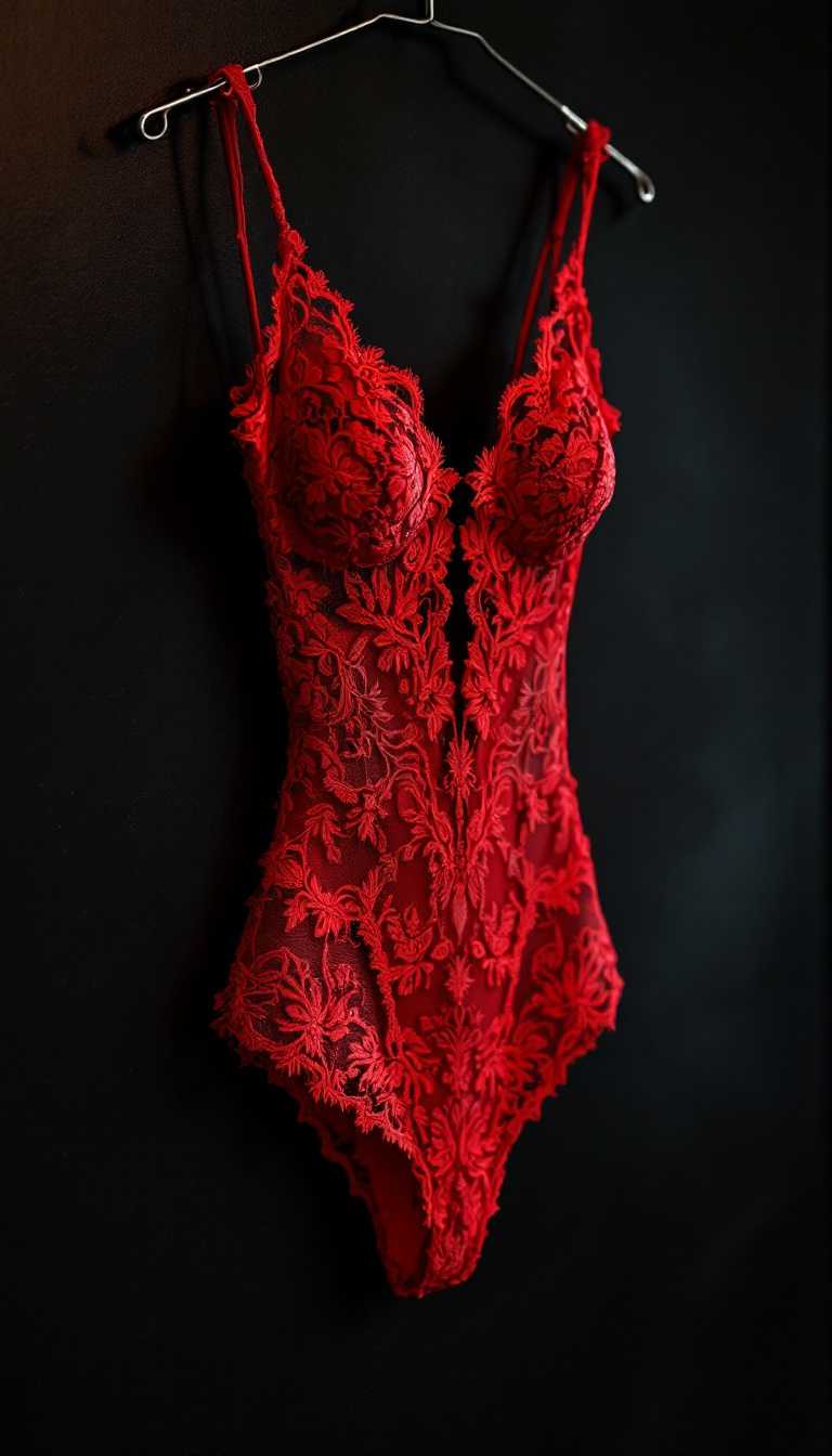 cinematic, stunning, gorgeous, masterpiece, high quality, (best quality:1.1) ,
a red lace bodysuit hanging at a black wall 
absurd_res, hi_res, intricate details, hyperdetailed, very aesthetic, dramatic angle, dynamic composition, (high saturated colors:1.5), perfectly balanced ligth and shadows, extremely high resolution