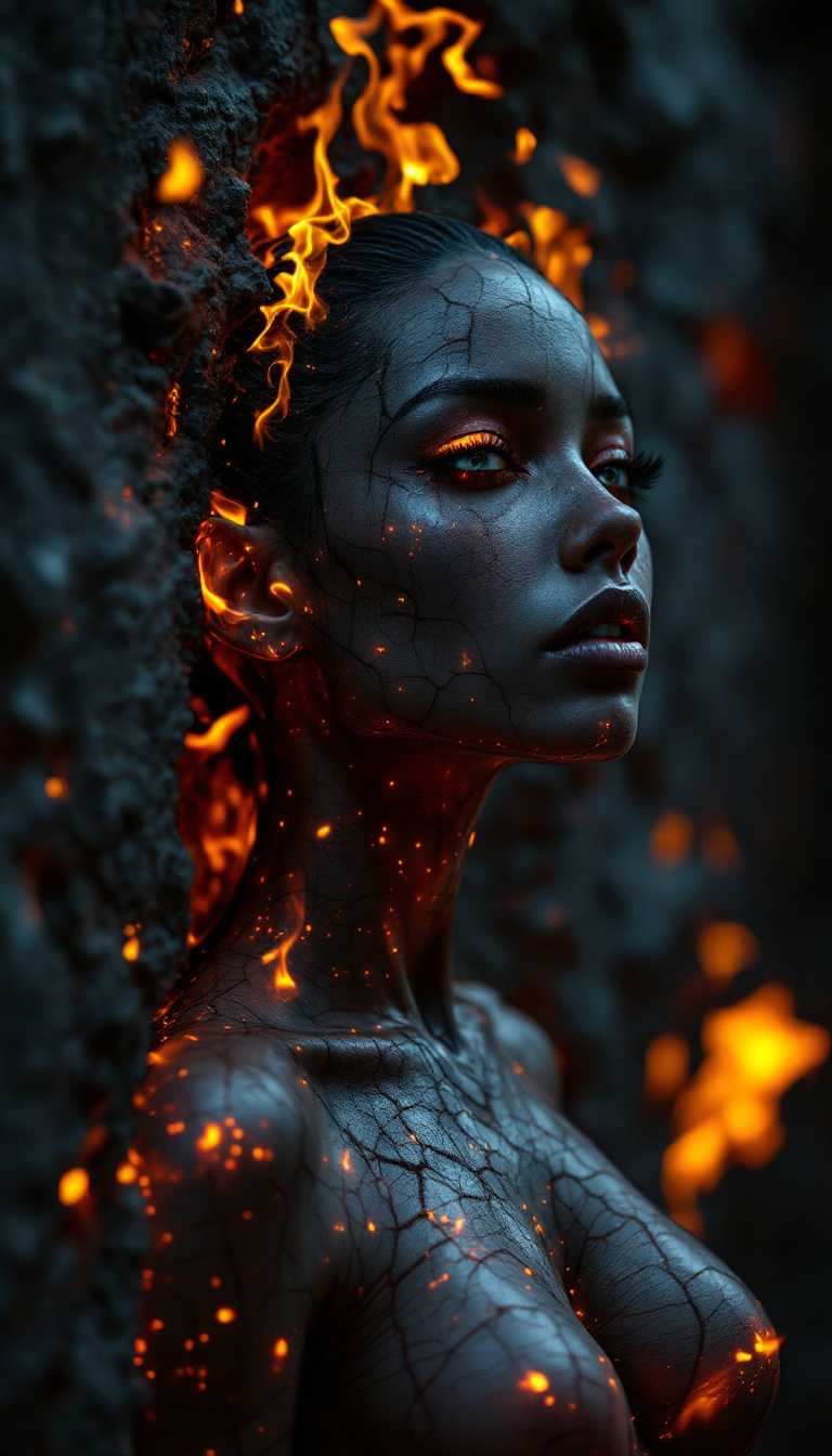 cinematic, stunning, gorgeous, masterpiece, high quality, (best quality:1.1) ,
Upper body Portrait of a fantasy stunning beautiful female lava girl, burning inside, translucent, subsurface scattering,(cracked black skin:1.9), melting inside out, mesmerizing dark black eyes.
Leaning on a simple very dark grey concrete wall with her back, confident a bit lost.
absurd_res, hi_res, intricate details, hyperdetailed, very aesthetic, dramatic angle, dynamic composition, (high saturated colors:1.5), perfectly balanced ligth and shadows, extremely high resolution
