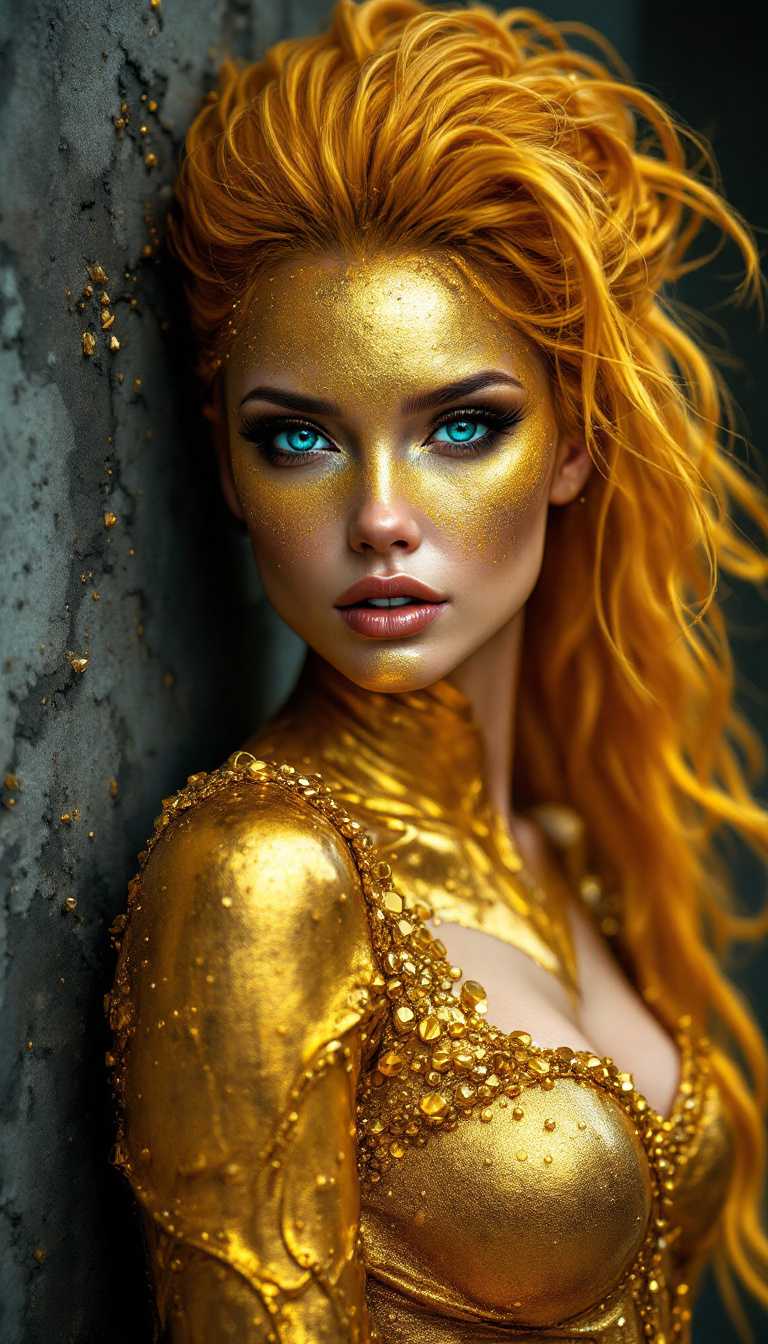 cinematic, stunning, gorgeous, masterpiece, high quality, (best quality:1.1) ,
Upper body Portrait of a fantasy stunning beautiful female creature completely (((covered by gold. gold colored hair, ((completely gold coverd face)), (golden made up skin))), mesmerizing dark azure eyes.
Leaning on a simple very dark grey concrete wall with her back, confident a bit lost.
absurd_res, hi_res, intricate details, hyperdetailed, very aesthetic, dramatic angle, dynamic composition, (high saturated colors:1.5), perfectly balanced ligth and shadows, extremely high resolution