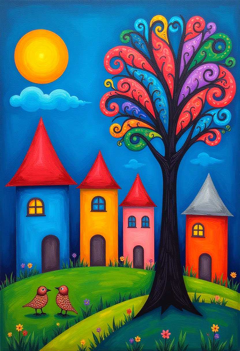 This image is a whimsical and colorful depiction of a fantastical landscape. The art style is reminiscent of naive art or folk art, with its simple, stylized shapes and bright, bold colors. The medium appears to be a form of painting, possibly acrylic or oil, given the texture and depth of the colors.The sky is a deep, rich blue, with a large, round sun in the upper left corner. The sun is a warm, golden yellow, and is surrounded by a few wispy, white clouds. The clouds are also stylized, with rounded edges and a swirling pattern that gives them a dynamic feel.In the foreground, there are four houses with distinct and playful designs. The first house on the left is a bright blue with a red roof and a single, circular window. The second house is a mustard yellow with a red roof and a series of small, white windows. The third house is a soft pink with a gray roof and two arched windows with white dots. The fourth house on the right is an orangered with a white roof and a series of small, white windows.Between the houses stands a tall, colorful tree. The tree has a thick, black trunk and branches that twist and turn in an organic pattern. The leaves of the tree are a kaleidoscope of colors, including pink, blue, green, and purple, and are adorned with swirling patterns. The trees branches reach up towards the sky, and there are a few small, white clouds that seem to be floating through the leaves.In the lower left corner, there are two birds perched on a branch of the tree. They have a patterned plumage with shades of brown and black, and are facing each other, as if they are engaged in conversation.The ground is a lush green with a few small, white flowers scattered across the grass. The grass is rolling and undulating, giving the impression of a gentle hillside.Overall, the image is a joyful and imaginative depiction of a fantastical world, with its playful houses, colorful tree, and whimsical birds. The use of bright, bold colors and simple, stylized shapes creates a sense of warmth and happiness, inviting the viewer into this charming and magical landscape.