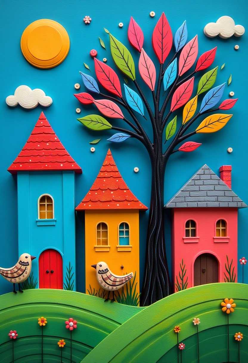 This image features simplified 3d characters and scenery that appears to be painted wooden figures or puppets without strings characterized by bold outlines, flat colors, and exaggerated shapes. This image is a whimsical and colorful depiction of a fantastical landscape. The art style is reminiscent of naive art or folk art, with its simple, stylized shapes and bright, bold colors. The sky is a deep, rich blue, with a large, round sun in the upper left corner. The sun is a warm, golden yellow, and is surrounded by a few wispy, white clouds. The clouds are also stylized, with rounded edges and a swirling pattern that gives them a dynamic feel.In the foreground, there are four houses with distinct and playful designs. The first house on the left is a bright blue with a red roof and a single, circular window. The second house is a mustard yellow with a red roof and a series of small, white windows. The third house is a soft pink with a gray roof and two arched windows with white dots. The fourth house on the right is an orangered with a white roof and a series of small, white windows.Between the houses stands a tall, colorful tree. The tree has a thick, black trunk and branches that twist and turn in an organic pattern. The leaves of the tree are a kaleidoscope of colors, including pink, blue, green, and purple, and are adorned with swirling patterns. The trees branches reach up towards the sky, and there are a few small, white clouds that seem to be floating through the leaves.In the lower left corner, there are two birds perched on a branch of the tree. They have a patterned plumage with shades of brown and black, and are facing each other, as if they are engaged in conversation.The ground is a lush green with a few small, white flowers scattered across the grass. The grass is rolling and undulating, giving the impression of a gentle hillside.