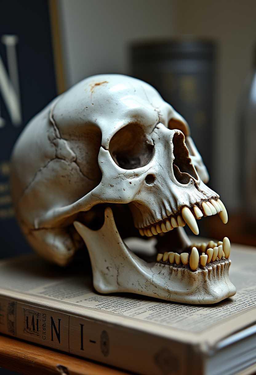 This photo features a highly detailed side profile and realistic representation of a human skull with huge long massive k9 teeth fangs. The skull is depicted with an open jaw with huge long massive k9 teeth fangs, showcasing a full set of teeth, and the eye sockets are vacant, giving it a haunting appearance. The skull is adorned with intricate patterns and textures that resemble natural stone or marble, with hues of white, grey, and touches of brown and black, which add to its realistic and somewhat aged look.The art style of the skull is reminiscent of anatomical illustrations, with a focus on the precision and accuracy of the features. The medium appears to be a polished material, possibly resin or a similar synthetic substance, chosen for its ability to replicate the look of stone with a high degree of glossiness.The skull is the central figure in the image, and it is placed against a neutral background that does not distract from its prominence. In the background, there are blurred objects that seem to be part of a room setting, including what appears to be a book with the letters M and N visible on its spine, suggesting a possible interior space with a curated aesthetic.The lighting in the image is soft and diffused, casting gentle shadows that give depth to the skulls surface and enhance its threedimensional quality. The overall effect is one of a sophisticated and thoughtprovoking piece of art that may evoke a range of emotions from curiosity to contemplation.