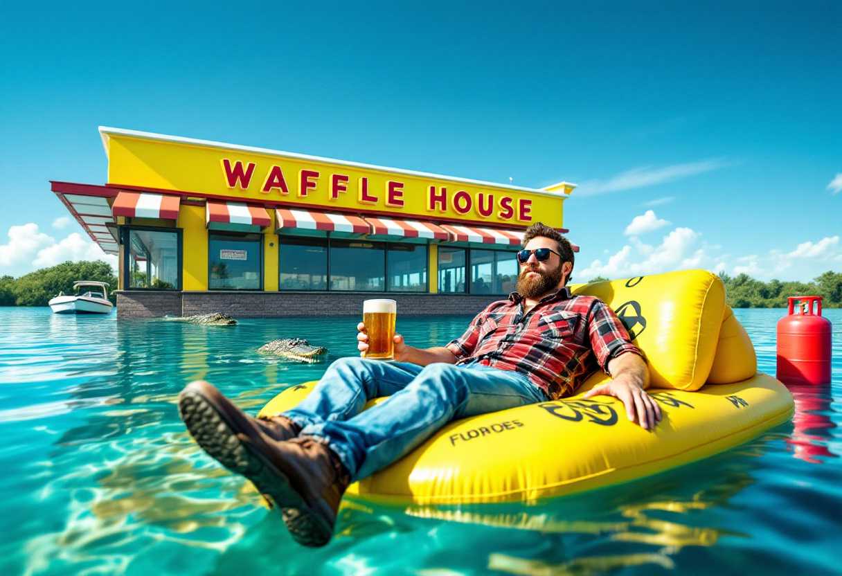 Create a hyper-realistic, fantasy-inspired digital photograph of a  surreal scene set in a flooded Waffle House. The atmosphere is bright and vibrant, bathed in vivid colors that accentuate the unusual circumstances. A Waffle House building, painted in warm yellow with striking red and white lettering, is partially submerged in clear, reflective water, under a serene blue sky. The structure features a red and white awning over its windows and a brown awning above its entrance.

Central to the composition is a bearded man wearing sunglasses, a plaid shirt, jeans, and brown shoes, leisurely floating on a air mattress in dazzling yellow with a black design. He holds a beer mug, its earthy tones providing a contrast to the fantastical setting. His relaxed posture suggests a lighthearted mood amidst the chaos of the scene. There is a crocodile floating close to him.

In the background, a small boat drifts along the water's surface, while a bright red gas canister rests on the water near the man, adding intriguing details. The water is remarkably clear, mirroring the absurdity of the scene with perfect reflections of the Waffle House and the floating man on air matress.

The composition captures the eccentric dynamic between reality and fantasy, inviting contemplation of the whimsical and absurd. The stylistic choice of hyper-realism in 8k