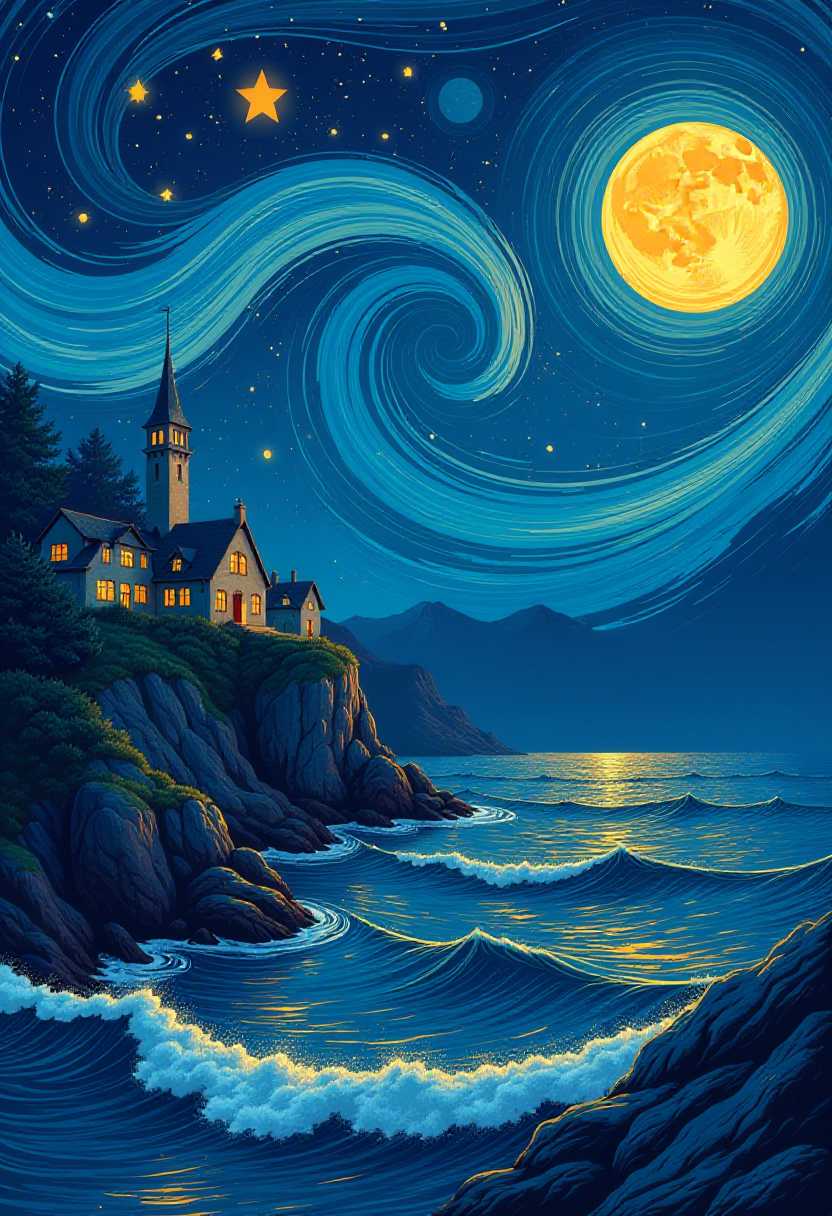 This image is a digital illustration that captures a night scene with a dynamic and swirling composition. The art style is reminiscent of modern digital painting techniques, with a strong emphasis on bold lines and vibrant colors that create a sense of movement and energy.The medium appears to be a digital painting software, as evidenced by the clean lines and the ability to create such intricate patterns and details. The use of color is rich and varied, with a predominance of blues and yellows that give the image a nocturnal and luminous quality.The sky is a deep navy blue, swirling with patterns that resemble the nights stars and the moons reflection. The moon itself is a large, central figure, with a swirling, yelloworange design that draws the eye and adds a sense of warmth to the cool tones of the night. The stars are scattered throughout the sky, adding to the celestial feel of the scene.On the left side of the image, there is a quaint village with houses that have glowing windows, suggesting life and warmth within. The houses are detailed with dark roofs and light walls, and they are situated on a rocky outcrop that juts into the water. The reflection of the village and the moon on the waters surface adds to the serene and peaceful atmosphere of the scene.In the foreground, the water is depicted with undulating waves that flow across the canvas, creating a sense of motion and energy. The waves are detailed with golden highlights that catch the moonlight, adding to the luminosity of the scene.Overall, the image is a harmonious blend of celestial and terrestrial elements, with a strong emphasis on movement and color. It evokes a sense of tranquility and wonder, inviting the viewer to contemplate the beauty and mystery of the night.