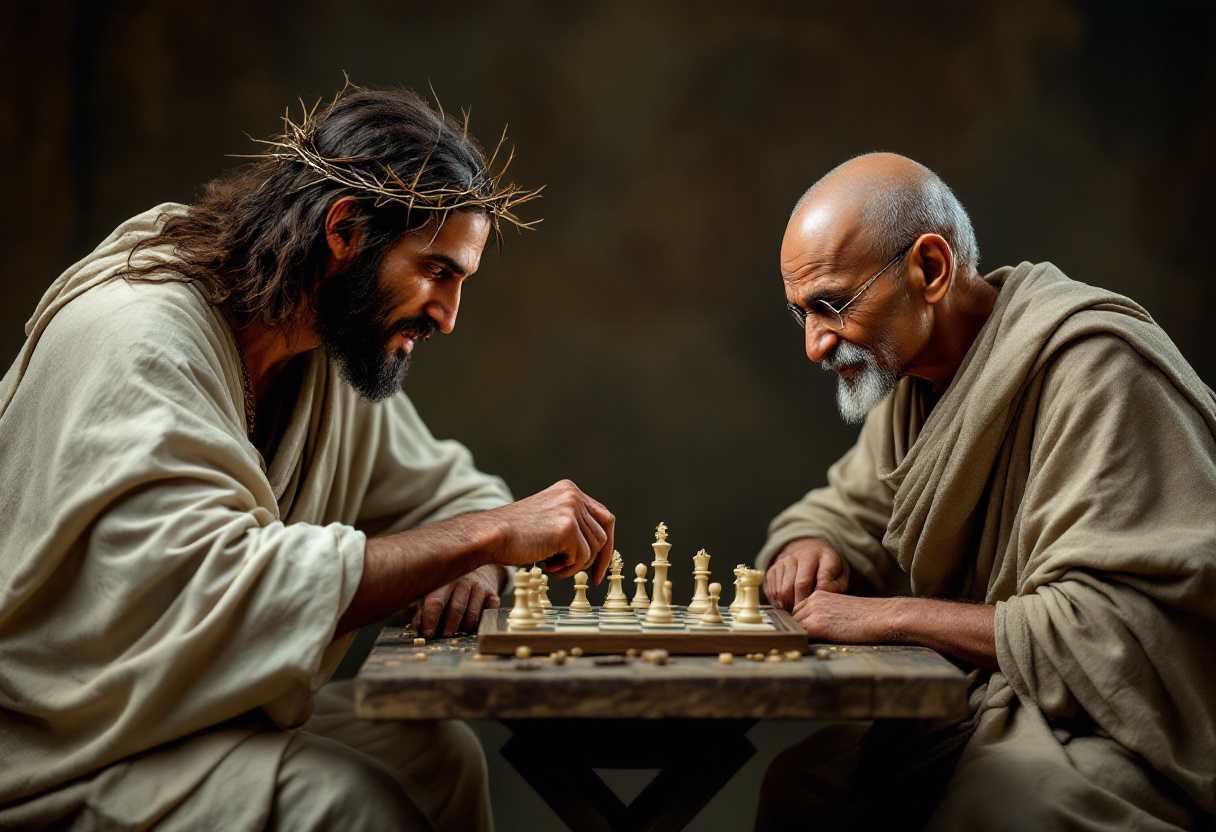create an image of Jesus with thorns and bald Mahatma Gandhi playing chess together at a table, hyper realistic hd 8k