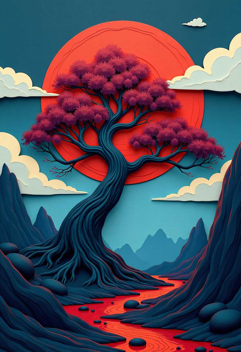 This image features simplified 3d scenery that appears to be painted wood characterized by bold outlines, flat colors, and exaggerated shapes. The colors in the image are quite vivid and have a strong impact on the overall mood. The sky is a deep, rich blue with a gradient that transitions from a lighter blue at the horizon to a darker blue above. This creates a sense of depth and adds to the dramatic effect of the scene. The clouds are white with a hint of yellow, which gives them a soft and ethereal quality.The most prominent object in the image is a large, gnarled tree that stands tall and proud in the center of the composition. The tree has a twisted trunk and branches that reach out in various directions, reminiscent of a bonsai tree. The branches are detailed with fine lines that give the appearance of leaves, although no leaves are visible. The tree is depicted in silhouette against the bright red moon, which casts a warm glow on the scene.The moon is a large, full moon with a textured surface that resembles the moons surface as seen from Earth. It is a deep red color, which is unusual and gives the scene a surreal and otherworldly quality. The red moon casts a reddish hue over the entire scene, creating a sense of warmth and intensity.The ground is a dark, rugged terrain with jagged rocks and crevices. The texture of the ground is rough and uneven, with lines that suggest the flow of lava or water. There are also small, dark figures scattered across the ground, which could be interpreted as people or animals, but their exact nature is unclear.