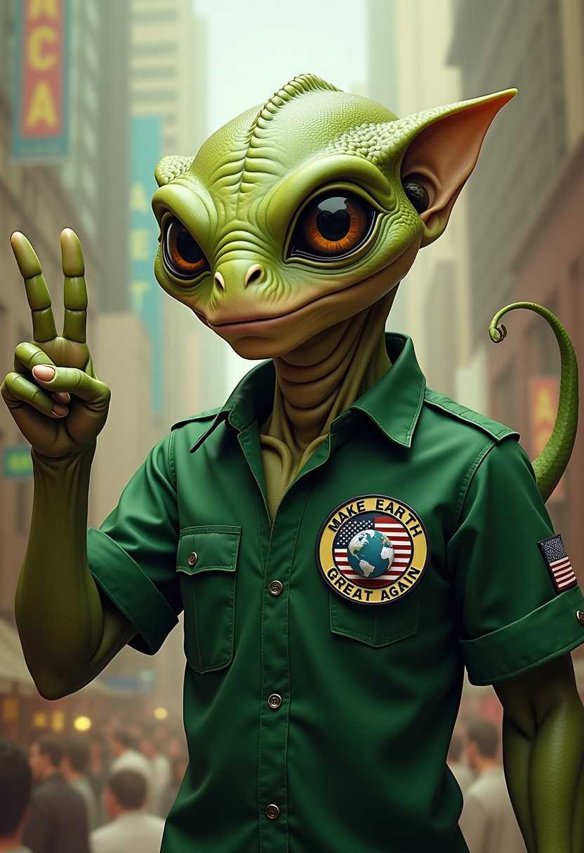 This image is a digitally created artwork that features a humanoid alien figure prominently in the foreground. The alien has a reptilian appearance with large, expressive eyes, a long, narrow nose, and a mouth that is not visible. Its skin texture is rough and scaly, with a greenish hue, and it has a pronounced ridge running down the center of its forehead. The aliens ears are small and pointed, and it has a tail extending from its lower back.The alien is wearing a green shirt with a badge that has a globe on it, suggesting a message of global significance. On its chest, there is a small American flag, indicating a patriotic or American centric theme. The aliens left arm is raised, and its hand is clenched into a fist, which could imply a gesture of determination or resolve.The background of the image is a blend of various elements that contribute to a chaotic and intense atmosphere. On the his chest is a pin that reads "MAKE EARTH GREAT AGAIN" giving a peace sign in a clear raised font
