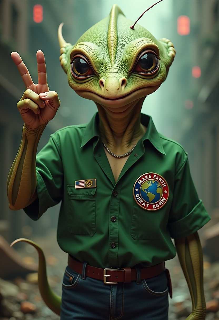 This image is a digitally created artwork that features a humanoid alien figure prominently in the foreground. The alien has a reptilian appearance with large, expressive eyes, a long, narrow nose, and a mouth that is not visible. Its skin texture is rough and scaly, with a greenish hue, and it has a pronounced ridge running down the center of its forehead. The aliens ears are small and pointed, and it has a tail extending from its lower back.The alien is wearing a green shirt with a badge that has a globe on it, suggesting a message of global significance. On its chest, there is a small American flag, indicating a patriotic or American centric theme. The aliens left arm is raised, and its hand is clenched into a fist, which could imply a gesture of determination or resolve.The background of the image is a blend of various elements that contribute to a chaotic and intense atmosphere. On the his chest is a pin that reads "MAKE EARTH GREAT AGAIN" giving a peace sign in a clear raised font