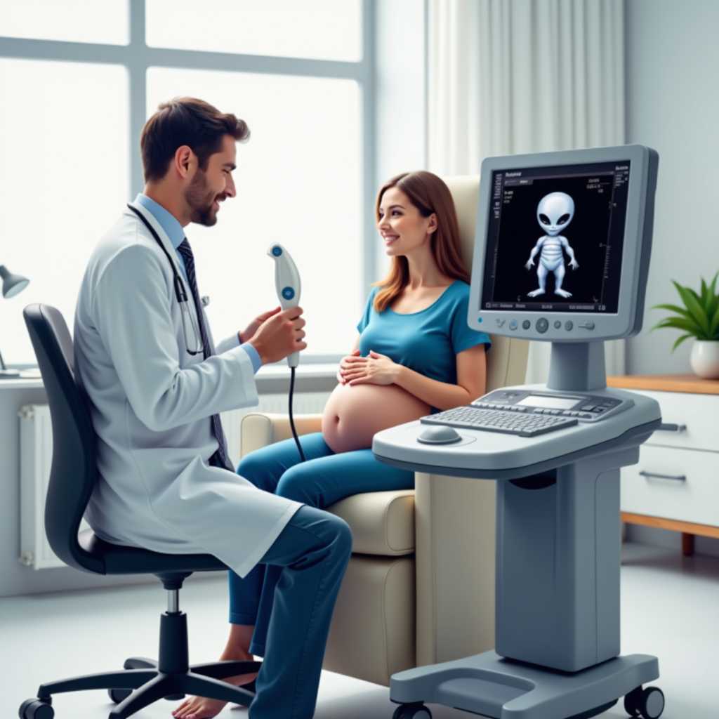 This image is a digitally created photograph that depicts a clinical setting, most likely a doctors office or a maternity ward. The art style is realistic with a touch of humor, as suggested by the ultrasound image on the monitor which humorously depicts an alien instead of a baby.Medium The image is a digital photograph, as indicated by the pixelated quality and the way the light reflects on the surfaces.Colors The colors in the image are primarily neutral and clinical, with whites, grays, and soft blues dominating the scene. The ultrasound monitor screen is black, which contrasts with the surrounding colors. The green plant in the background adds a touch of life and color to the otherwise muted palette.Objects in the Image1. The Ultrasound Monitor On the right side of the image, there is a modern ultrasound monitor displaying an image of an alien. The monitor has a sleek design with a black screen and a gray casing. It is placed on a wheeled stand, allowing for easy movement.2. The Ultrasound Machine In front of the monitor, there is an ultrasound machine with a control panel. The machine has a gray casing with a variety of buttons and a touch screen interface. The doctor is holding the transducer probe, which is connected to the machine and is used to capture the ultrasound images.3. The Doctor On the left side of the image, there is a doctor in a white lab coat, indicating a medical setting. The doctor is holding the transducer probe and is focused on the patients belly. The doctors attire includes a white shirt, a tie, and a stethoscope around his neck.4. The Patient In the center of the image, there is a pregnant woman seated on a creamcolored examination chair. She is wearing a blue top and is holding her belly gently. Her relaxed posture and the doctors focused demeanor suggest a routine medical examination.5. The Background The background of the image is a clinical setting with a neutral color palette. There is a white wall, a desk with a lamp, and a small green plant, which adds a touch of life to the otherwise sterile environment.Overall, the image conveys a sense of humor and surprise through the unexpected alien image on the ultrasound monitor, while also capturing the clinical setting of a maternity examination.
