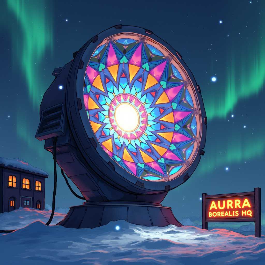 This photo is a digital artwork that captures a nighttime scene with a striking central object. The art style is a blend of surrealism and digital illustration, with a focus on vibrant colors and intricate geometric patterns. The medium appears to be a digital painting or graphic design, utilizing software to create the image. The central object is a large, circular spotlight structure with a metallic finish. It has a complex, kaleidoscopic pattern on its surface, reminiscent of a stained glass window or a segmented crystal. The pattern is composed of multiple sharp, angular shapes in a spectrum of colors, including blues, purples, pinks, oranges, and yellows. These shapes are arranged in concentric circles, creating a mesmerizing and symmetrical design.Radiating from the center of the circular structure are beams of light that extend upwards and outward, illuminating the surrounding area. The light is white and appears to be emanating from within the pattern, giving the impression of a powerful light source.In the foreground, there is a snowy landscape with a building to the left and a sign to the right. The building has a simple, utilitarian design with a dark facade and a row of windows. The windows are lit with a warm, amber glow, suggesting that the building is occupied and possibly used for observation or research.The sign on the right reads AURORA BOREALIS HQ, indicating that this location is a hub or headquarters for studying or viewing the Northern Lights. The letters of the sign are illuminated with a warm, yellow light, which contrasts with the cool blues and purples of the night sky and the icy landscape.The sky behind the scene is a deep, dark blue, with swirling patterns of green aurora borealis, or Northern Lights, that suggest movement and dynamic energy. The aurora is faintly visible through the beams of light from the central structure, adding to the magical and otherworldly atmosphere of the image.Overall, the image is a vibrant and imaginative depiction of a nighttime scene with a focus on the beauty and mystery of the Northern Lights. The use of color, light, and pattern creates a visually striking and captivating piece of digital art.