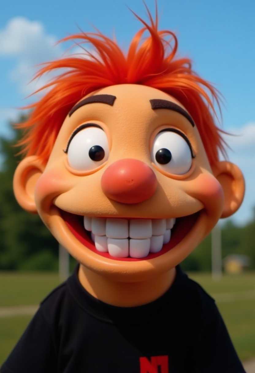 This image features a closeup of a puppet with a comical and exaggerated facial expression. The puppet has a light skin tone, with a prominent, wide smile that reveals a full set of white teeth. The eyes are large, with a single visible eyelid on each eye, and they are looking slightly to the side, giving the puppet a mischievous or knowing look. The eyebrows are thick and slightly raised, adding to the expression.The puppets hair is a reddish color, with a few strands sticking out at the top, giving it a somewhat unkempt appearance. The puppet is wearing a black shirt with a red logo on the left chest area, which is not clearly legible. The background is blurred, but it appears to be an outdoor setting with a blue sky and some greenery, suggesting the photo was taken in a park or a similar open space.The art style of the puppet is cartoonish, with a focus on exaggerated features and a playful, humorous expression. The puppets design is simple, with no intricate details or textures, and the colors are bright and vivid, with a contrast between the light skin tone and the red hair and shirt. The overall effect is a whimsical and entertaining image that could be used in a variety of contexts, from childrens entertainment to advertising.