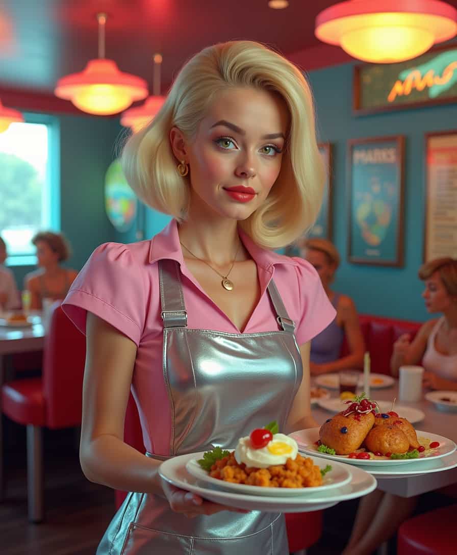 Judy Jetson, from the futuristic world of "The Jetsons," reimagined as a waitress in a photorealistic image. Her iconic blonde hair styled in a sleek, modern bob, with a hint of metallic sheen reflecting the ambient neon lights. Wearing a retro-futuristic waitress uniform, a blend of 1960s diner style and space-age materials, featuring a shiny silver apron over a pastel pink dress. The fabric appears iridescent, catching the light in a spectrum of colors.

Her surroundings, a bustling intergalactic diner, with patrons of various alien species seated at floating tables. The walls adorned with holographic menus and vintage posters of space travel. Judy gracefully balancing a tray of cosmic-themed dishes, each plate a culinary masterpiece with vibrant colors and intricate designs. Her expression, a mix of youthful enthusiasm and professionalism, as she navigates the lively atmosphere.

The lighting, a combination of soft neon glows and warm ambient light, casting dynamic shadows and highlights, enhancing the surreal yet familiar setting. The image captures the essence of a retro-futuristic world, blending nostalgia with imaginative futuristic elements.