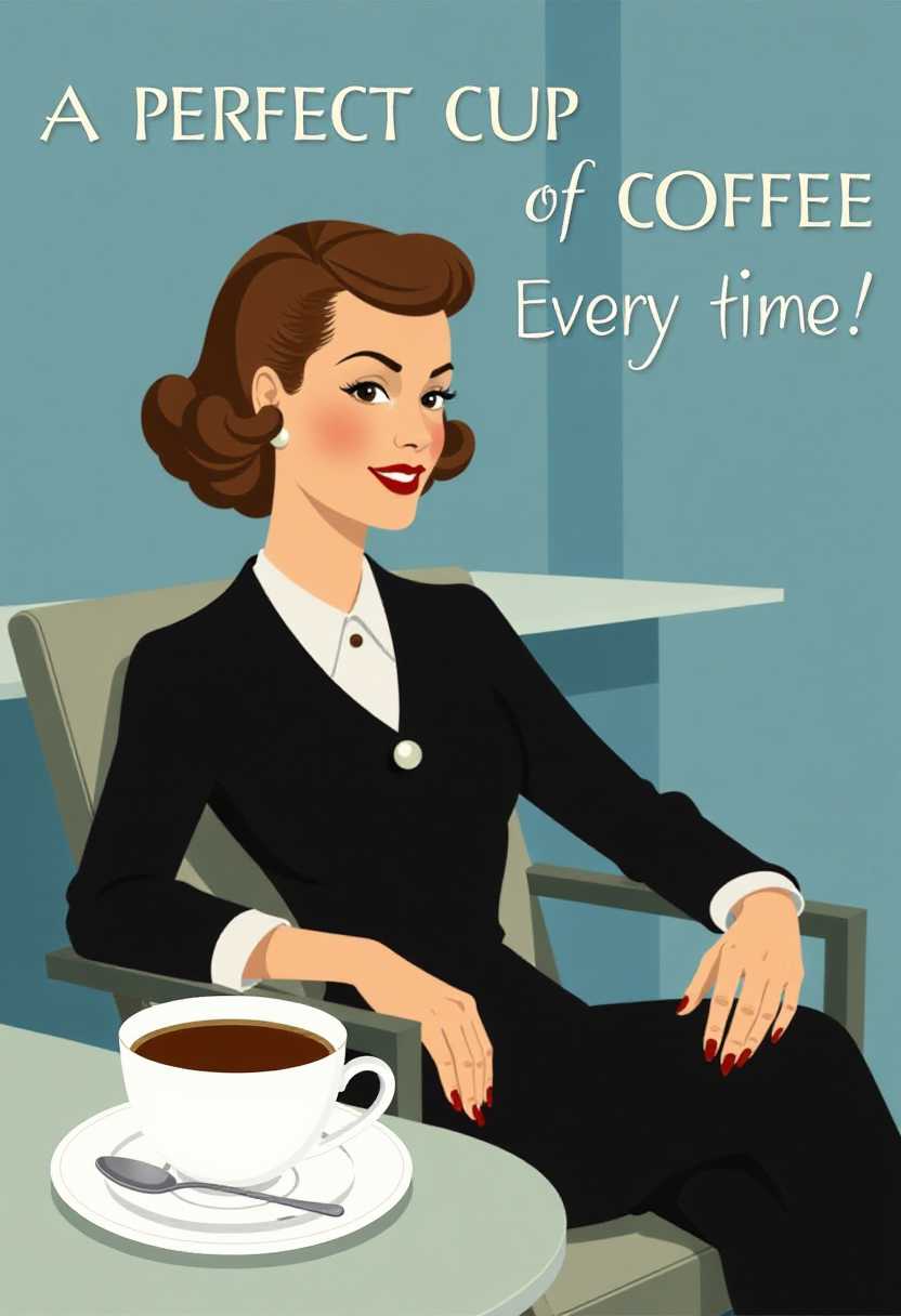 This image is a stylized illustration featuring a woman seated in a chair, with her right arm resting on the backrest and her left arm extended outward, holding a cup of coffee. The woman has short, wavy hair and is wearing a black outfit with a white collar and cuffs, giving her a sharp, professional appearance.The art style is reminiscent of midcentury modern design, with bold lines and a simplified form that gives the image a clean and sleek look. The medium appears to be digital, as the lines are crisp and the colors are evenly applied.The colors in the image are primarily cool tones, with a blue background that gives the image a calming and serene feel. The womans outfit is black, which contrasts nicely with the blue background. The cup of coffee is a deep brown, which stands out against the lighter colors of the illustration. The white of the cup and the womans collar and cuffs add a pop of brightness to the image.In the foreground, there is a small illustration of a coffee cup on a saucer, with a spoon resting on the saucer. This image is in grayscale, which contrasts with the main illustration and draws the viewers attention to the coffee cup.Overall, the image exudes a sense of sophistication and calm, with its clean lines, cool color palette, and the implied pleasure of a perfect cup of coffee.Text says A Perfect Cup of Coffee Every Time!