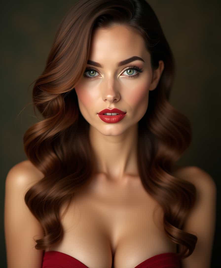 The photograph captures a stunningly beautiful woman with an alluring presence. Her face is framed by cascading waves of lustrous hair, catching the light in a way that highlights its rich color and texture. Her eyes, a mesmerizing shade of deep emerald, are accentuated by expertly applied makeup that enhances their natural allure. Her lips, full and inviting, are painted in a shade of crimson that complements her flawless complexion. The camera's focus shifts to her décolletage, where the gentle curve of her cleavage is tastefully revealed, adding an element of sensuality to the image. The lighting is soft and flattering, casting a gentle glow on her skin, creating an ethereal and captivating portrait. The background is blurred, ensuring that all attention remains on her exquisite features and the captivating allure she exudes.