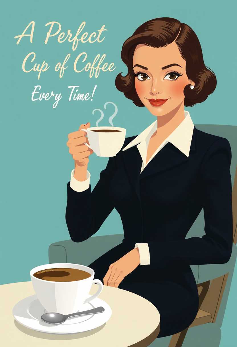 This image is a stylized illustration featuring a woman seated in a chair, with her right arm resting on the backrest and her left arm extended outward, holding a cup of coffee. The woman has short, wavy hair and is wearing a black outfit with a white collar and cuffs, giving her a sharp, professional appearance.The art style is reminiscent of midcentury modern design, with bold lines and a simplified form that gives the image a clean and sleek look. The medium appears to be digital, as the lines are crisp and the colors are evenly applied.The colors in the image are primarily cool tones, with a blue background that gives the image a calming and serene feel. The womans outfit is black, which contrasts nicely with the blue background. The cup of coffee is a deep brown, which stands out against the lighter colors of the illustration. The white of the cup and the womans collar and cuffs add a pop of brightness to the image.In the foreground, there is a small illustration of a coffee cup on a saucer, with a spoon resting on the saucer. This image is in grayscale, which contrasts with the main illustration and draws the viewers attention to the coffee cup.Overall, the image exudes a sense of sophistication and calm, with its clean lines, cool color palette, and the implied pleasure of a perfect cup of coffee.Text says A Perfect Cup of Coffee Every Time!