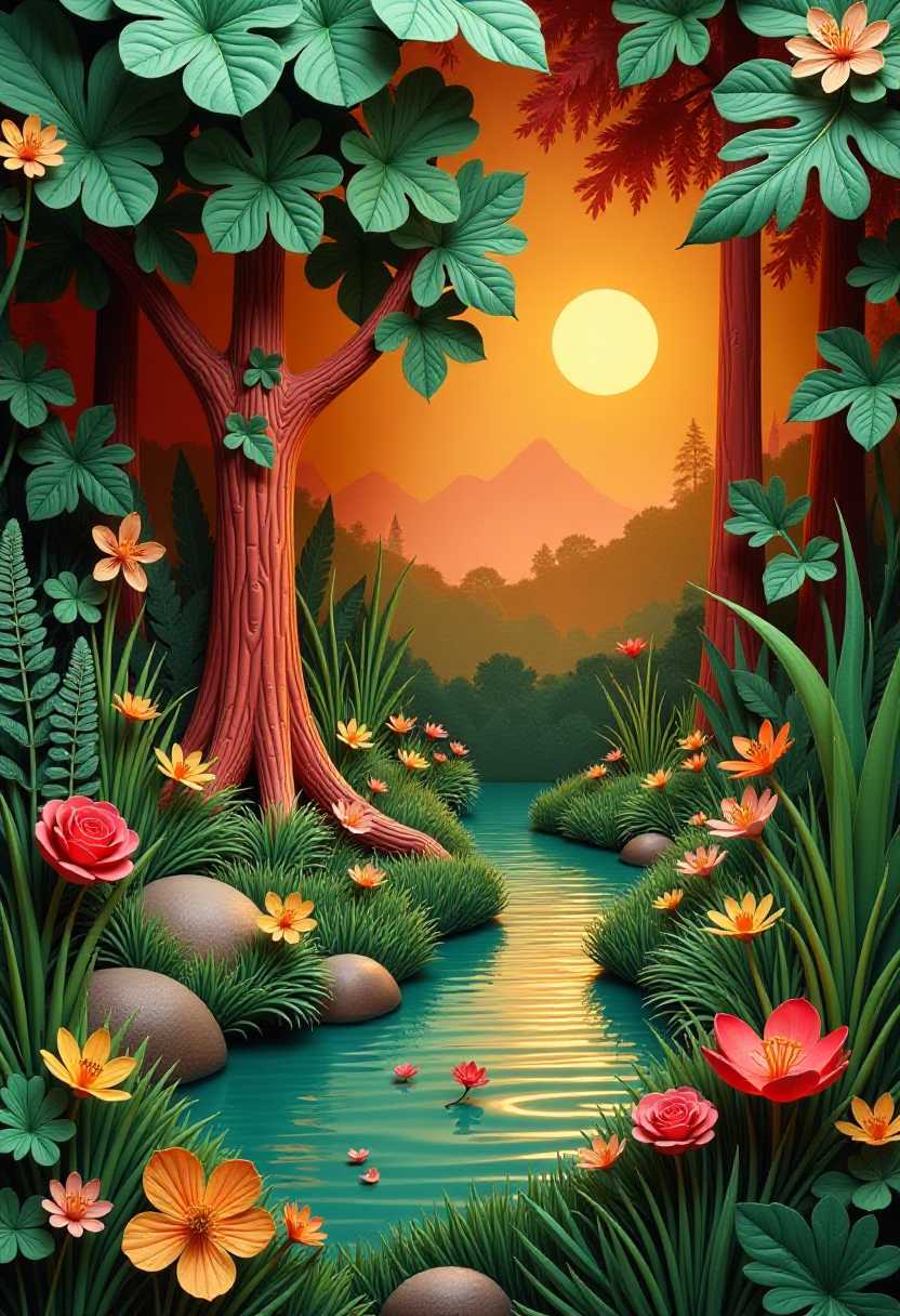 This image features simplified 3d characters and scenery that appears to be painted wooden figures or puppets without strings characterized by bold outlines, flat colors, and exaggerated shapes. A vibrant and intricately detailed jungle scene. Dominated by rich hues of red, green, and orange, the artwork features a variety of flora and fauna. A prominent tree with large leaves stands in the center, surrounded by smaller plants, flowers, and ferns. A meandering stream with shimmering water reflects the surrounding foliage. In the background, the sky is painted in warm shades of orange and yellow, suggesting either a sunrise or sunset. The entire scene is framed by swirling patterns and designs, adding depth and movement to the composition. A serene natural scene, dominated by a meandering stream with its waters reflecting a golden hue, possibly from the setting or rising sun. The stream is surrounded by lush green grass and tall reeds, with a few yellow flowers popping up. In the background, there's a hint of a forest or wooded area, bathed in a soft, diffused light. The overall ambiance of the image is tranquil and evokes feelings of peace and connection with nature