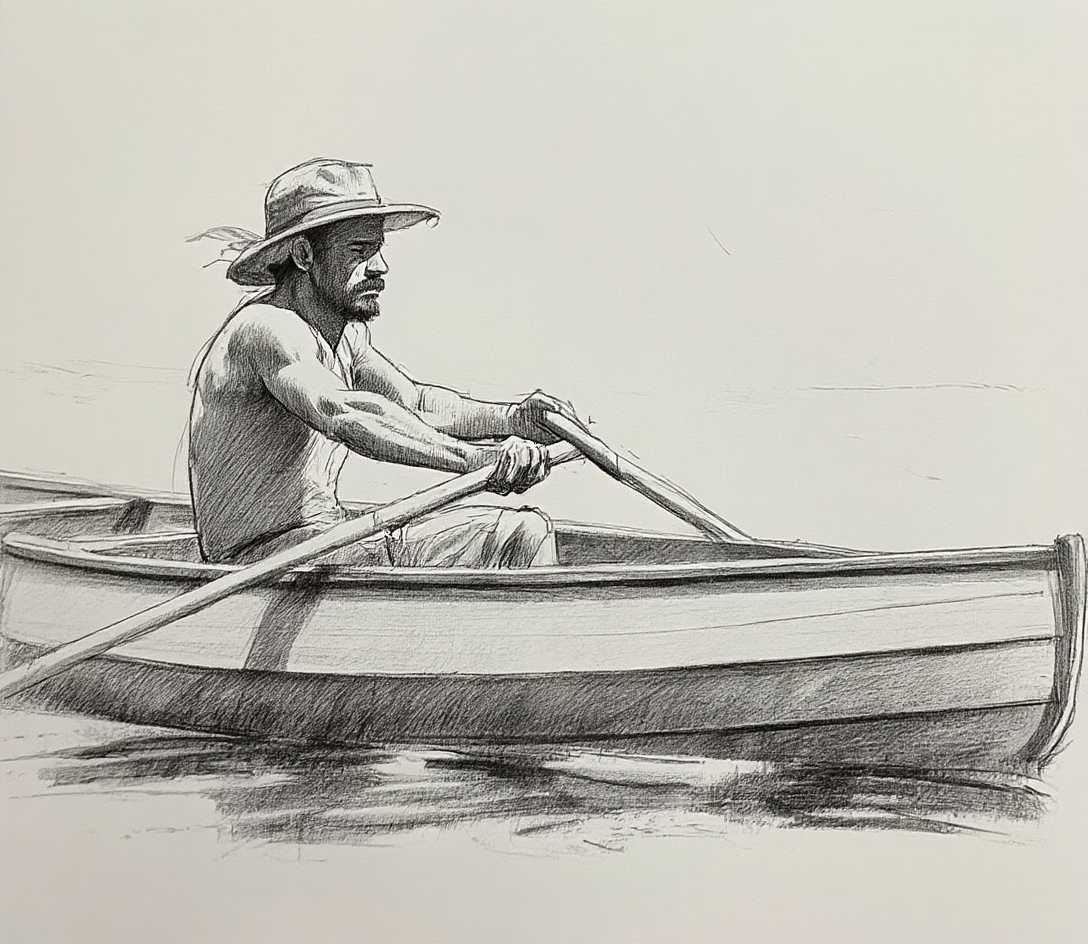 sketch, un homme rame dans une barque