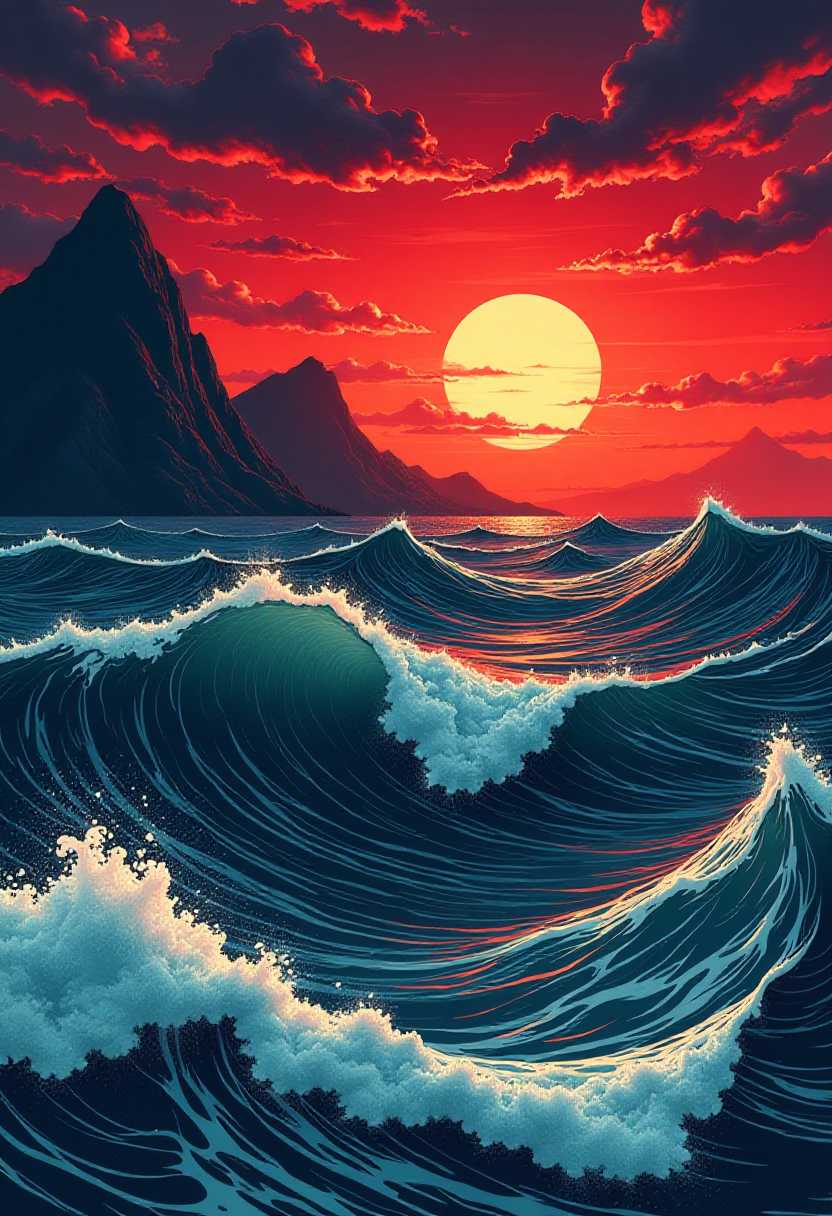 This image is a striking and detailed illustration that captures a dramatic seascape at what appears to be sunset or sunrise. The art style is reminiscent of woodcut prints, with its bold lines and deep contrasts, but it also incorporates elements of modern digital art, such as the smooth blending of colors and the intricate detail.The medium seems to be a digital illustration, given the clean lines and the way colors are applied. The use of shading and highlights gives the image a threedimensional quality, which is often achieved through the use of light and shadow in traditional mediums.The colors are rich and vibrant, with a predominance of blues and reds. The deep blues of the ocean create a sense of depth and movement, while the fiery reds of the sky add a dramatic and almost ominous quality to the scene. The contrast between these two colors is striking and draws the viewers eye directly to the center of the image.The objects in the image are primarily the ocean and the sky. The ocean is depicted with a variety of waves, from gentle ripples to towering waves that suggest the power and unpredictability of nature. The waves are detailed with white foam and crests that catch the light, adding to the realism of the scene.In the background, there are several mountain peaks that rise out of the ocean, their silhouettes softened by the mist and the distance. The mountains are rendered in a more subdued palette of blues and grays, which contrasts with the brightness of the sky and the ocean.The sun, which is the focal point of the image, is a large, round orb that hangs low in the sky. It is depicted in a warm, golden hue, with rays of light that extend outward and illuminate the clouds and the ocean. The suns position and the angle of the light create a sense of time, as if the day is coming to an end or beginning.Overall, the image is a powerful and evocative representation of natures beauty and power, captured in a style that is both traditional and modern. The use of color, light, and shadow brings the scene to life, making it feel both dynamic and serene.